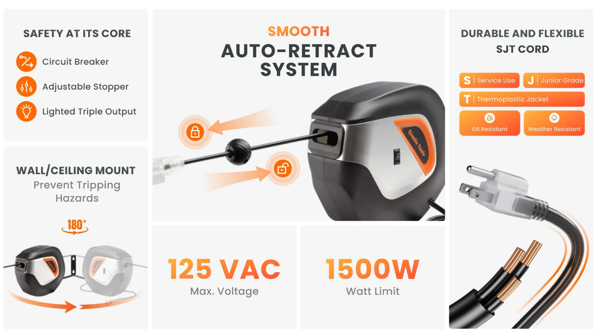thumbnail video image 2 of Giraffe Tools Retractable Extension Power Cord Reel, 14AWG-50ft SJT, Swivel Bracket, Wall/Ceiling Mount for Garage with Lighted Triple Tap, 2 of 10