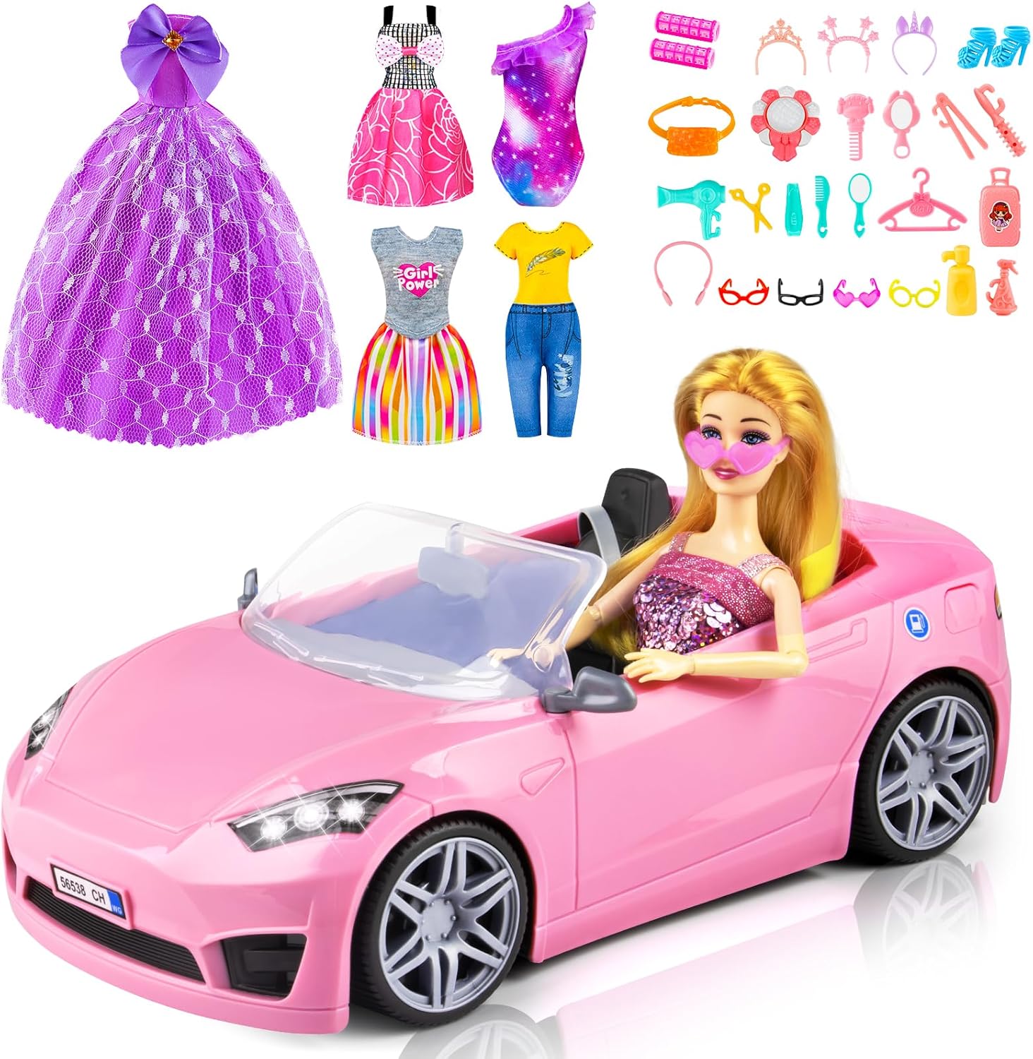 thumbnail video image 2 of 76Pcs Doll and Convertible Car Playset with 11.5" Fashion Doll, Princess Dresses, Casual Outfits, Swimsuits, Shoes & Accessories - Creative Dress-Up Toy Gift for Girls, 2 of 8