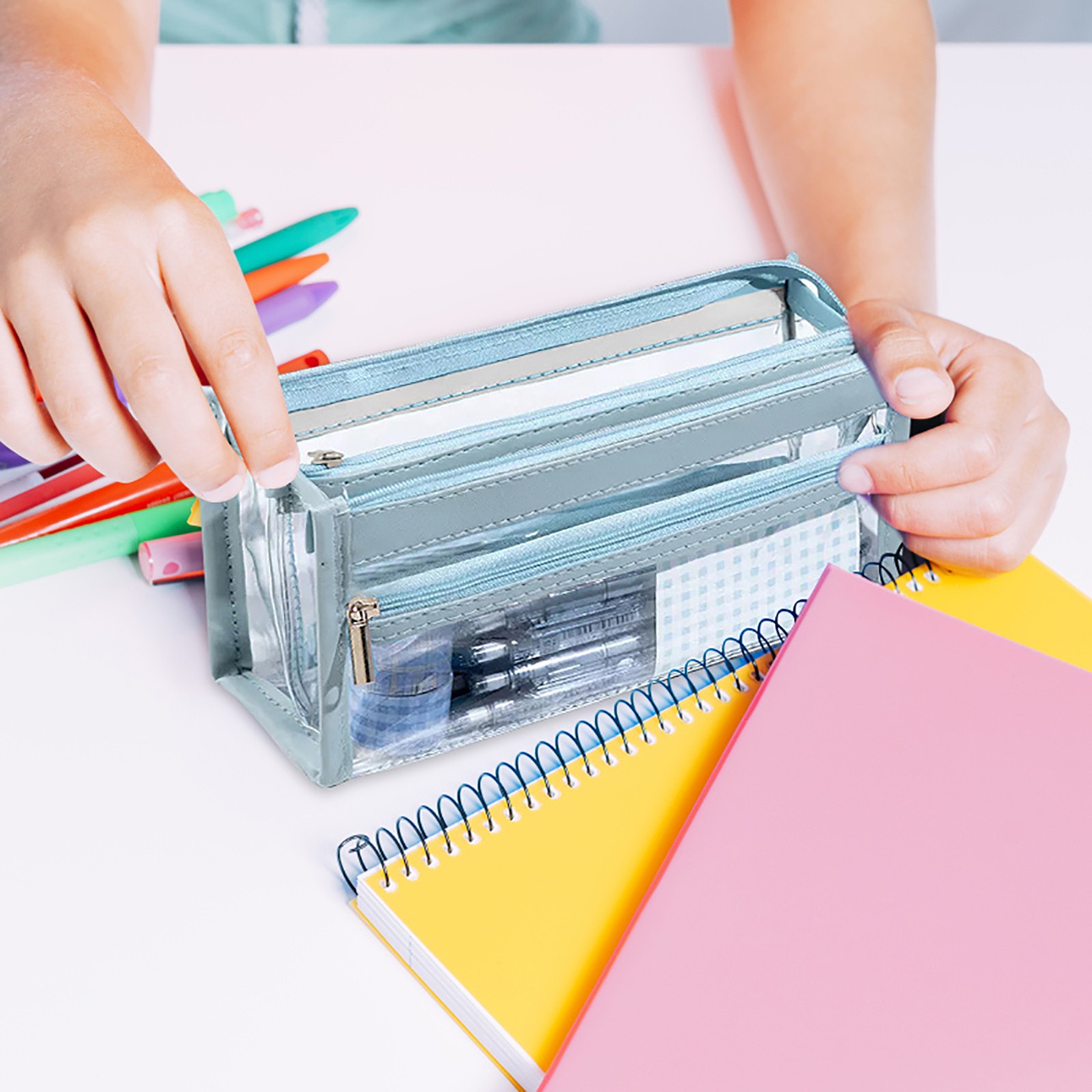 thumbnail video image 2 of Meiiso Four-Layer Transparent Pencil Case In Purple, Kawaii Cute Aesthetic High Capacity Transparent Design Pen Bag Pencil Case Pencil Holder Tpu Material, 2 of 8