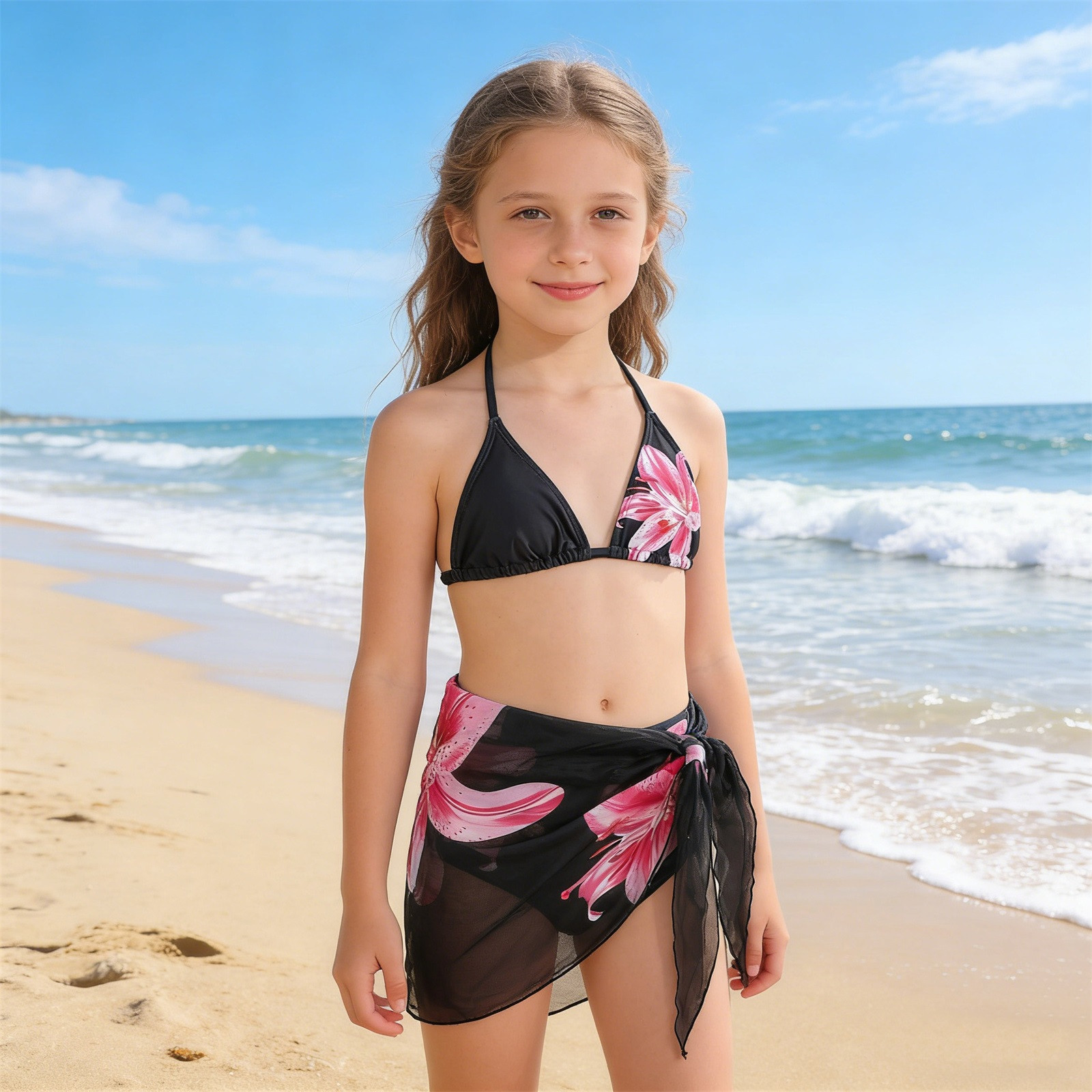 thumbnail video image 2 of Xijirk Girls Swimsuit,Cute Three Piece Swimsuit Set Adjustable Straps with Crisscross Tie Dye and Floral Print Soft Comfortable Fit Lightweight for Pool Beach,,11-12 Years,Z04 Red, 2 of 7