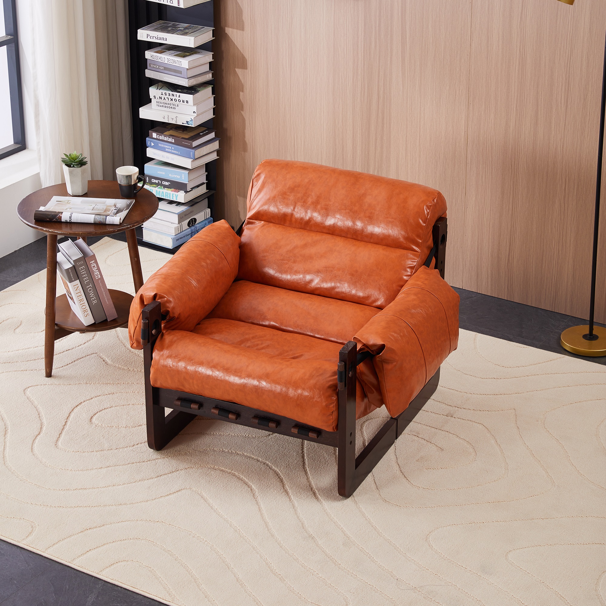 thumbnail video image 2 of Peispie Mid Century Lounge Chair, Vintage Leather Accent Armchair with Wooden Frame, Upholstered Reading Chair with Removable Armrests and Neck Pillow, Black, 2 of 10
