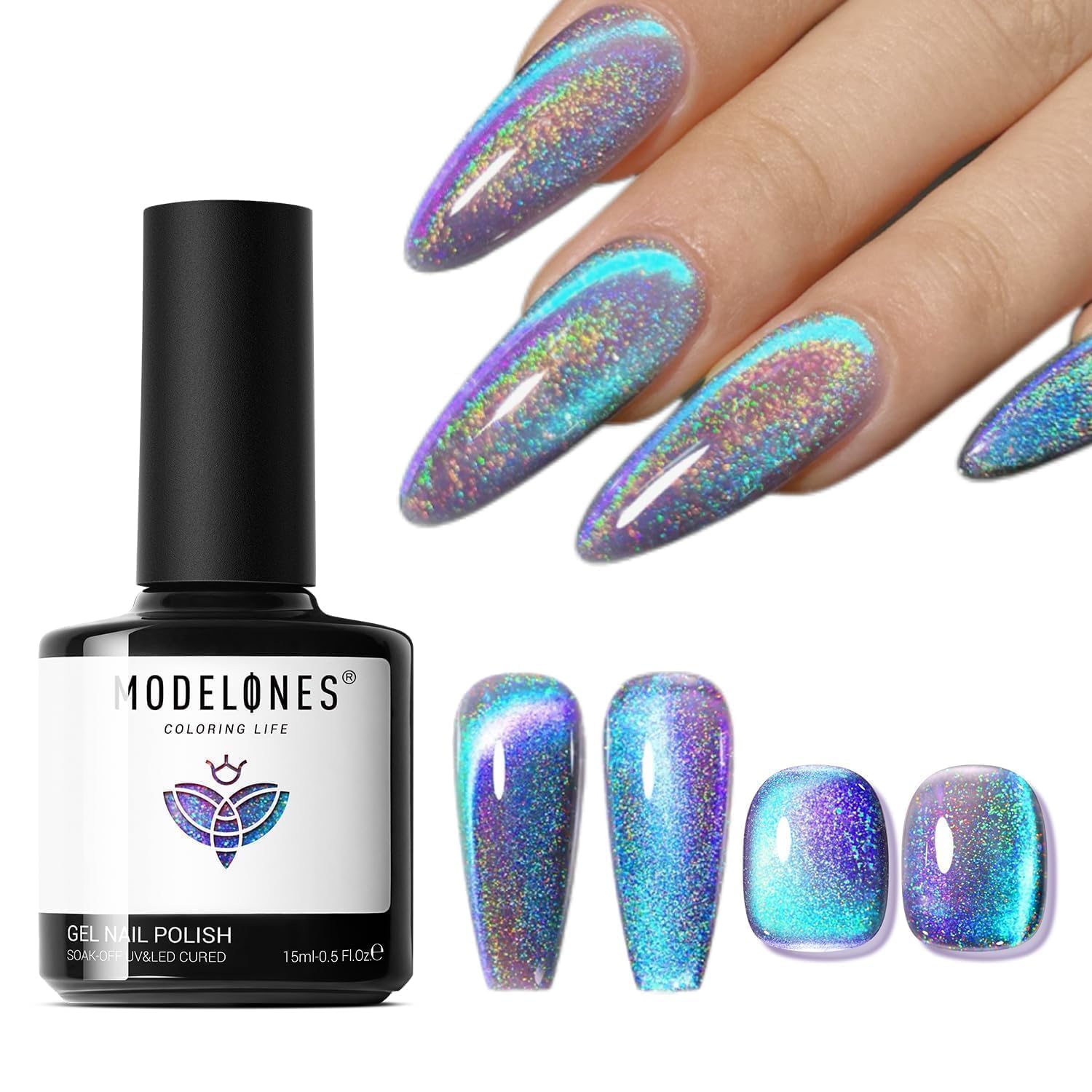 thumbnail video image 2 of modelones 9D Magnetic Cat Eye Gel Nail Polish, 15 ML Glitter Holographic Glass Rainbow Gel Polish Blue Purple Shimmer Reflective Iridescent Soak Off U V LED Summer Nails for Women Girl, 2 of 8