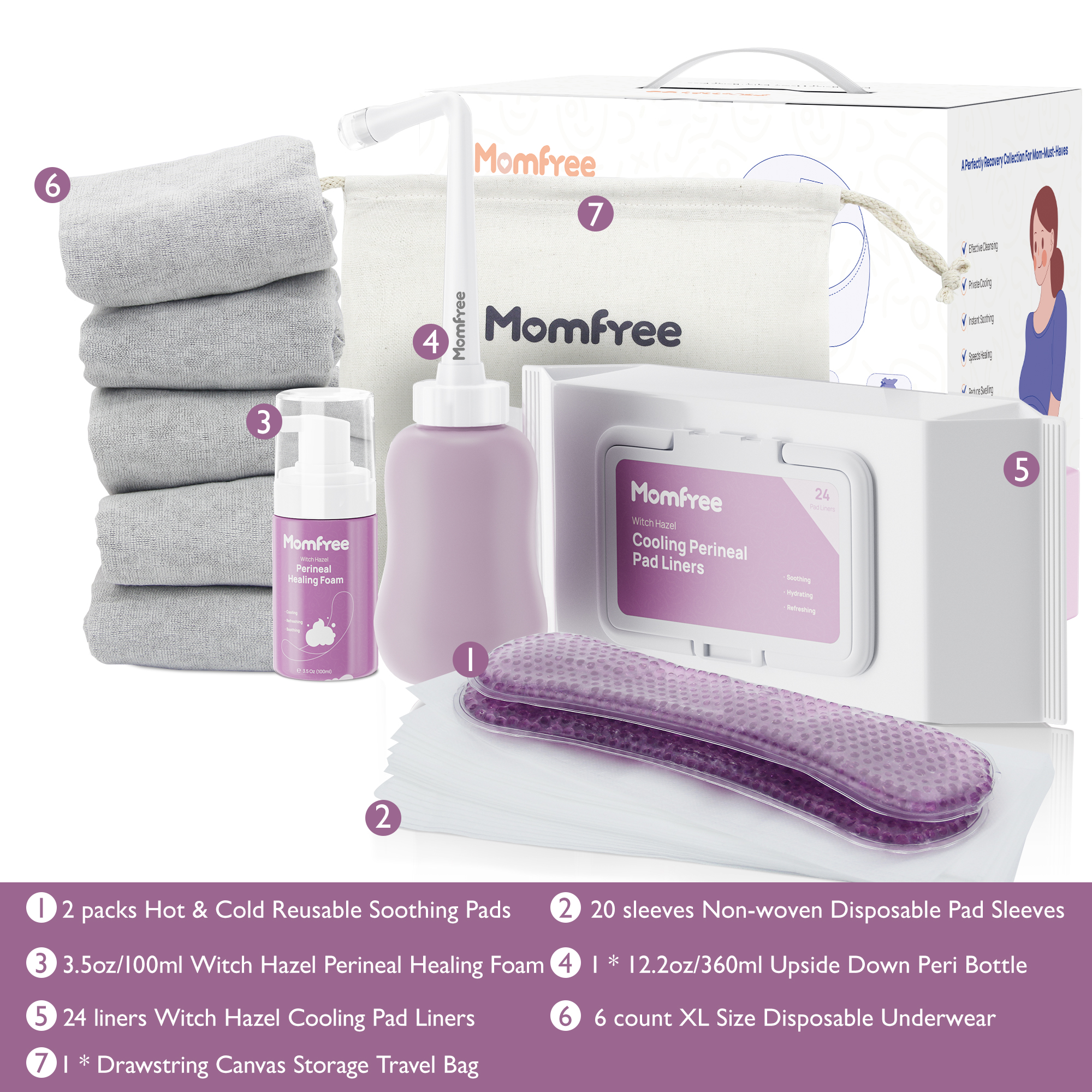 thumbnail video image 2 of Momfree Postpartum Recovery Kit, 7 Piece, Peri Bottle, Disposable Underwear, Witch Hazel Liners, Soothing Pads, Perineal Foam, Hospital Bag Essentials, 2 of 11