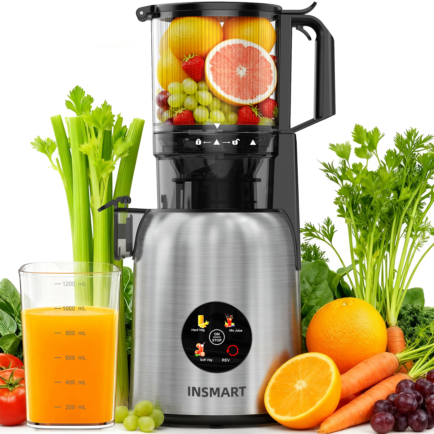 thumbnail video image 2 of Open Box INSMART Cold Press Juicer,Juicer Machines with 5.4" Large Feed Chute,300w Slow Juicer Machines Fit Whole Vegetables and Fruits,Touchscreen Slow Masticating Juicer with 4 Mode(With Cleaning Function), 2 of 10