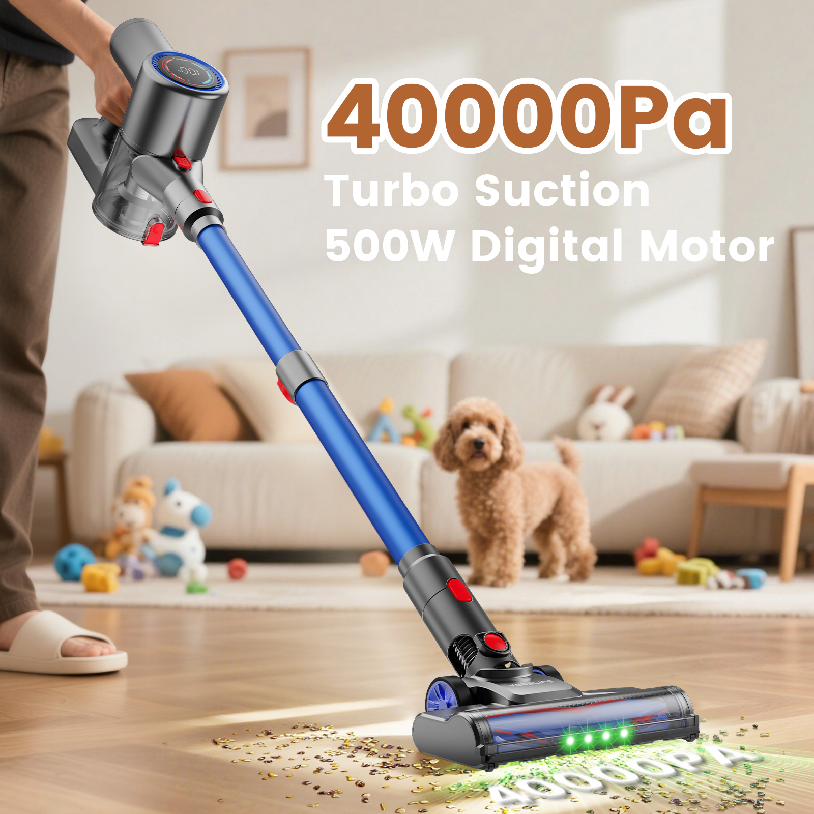 thumbnail video image 2 of Cordless Vacuum Cleaner, 40kPa/500W Power Suction, LED Display, 6-in-1 Lightweight Stick Vacuum with Green LED Light, 6-Stages Filtration, Self-Standing for Pet Hair Hard Floor Carpet, 2 of 9