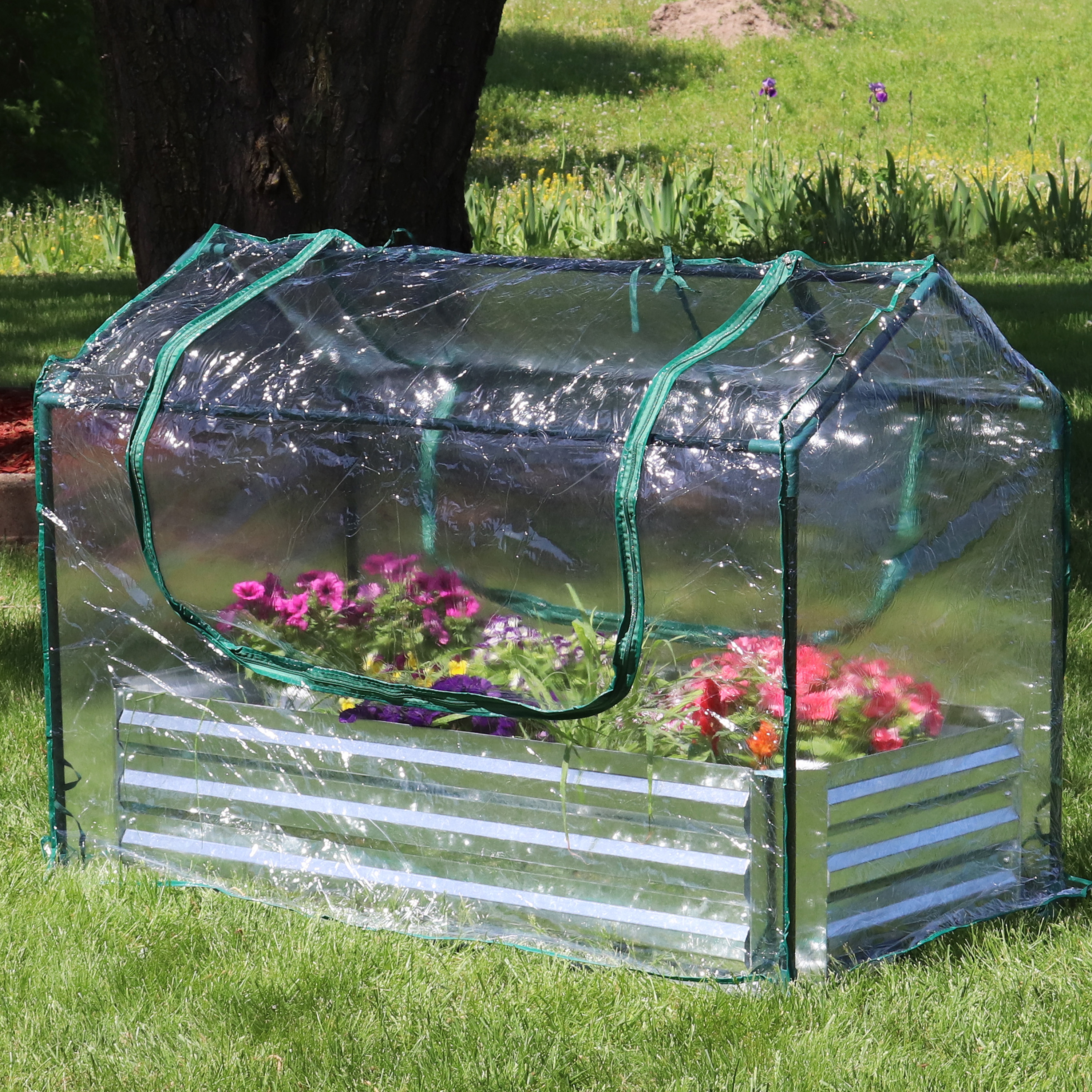 thumbnail video image 2 of Sunnydaze 4' x 3' x 3' Outdoor Mini Greenhouse with Metal Raised Garden Bed, Clear, 2 of 11
