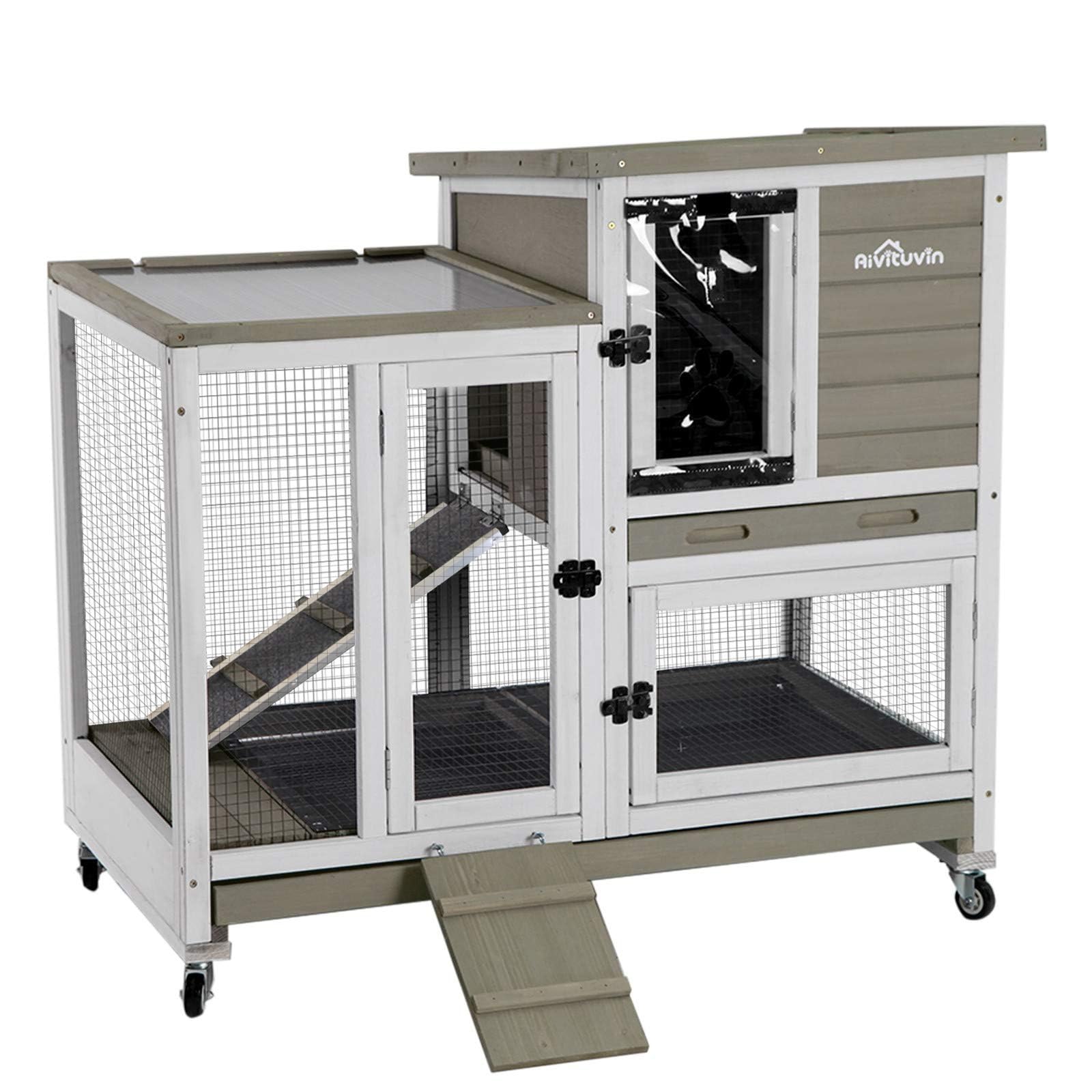 thumbnail video image 2 of Aivituvin Wooden Rabbit Hutch Outdoor Bunny Cage Indoor Guinea Pig House for Small Animals - Mocca, 2 of 9