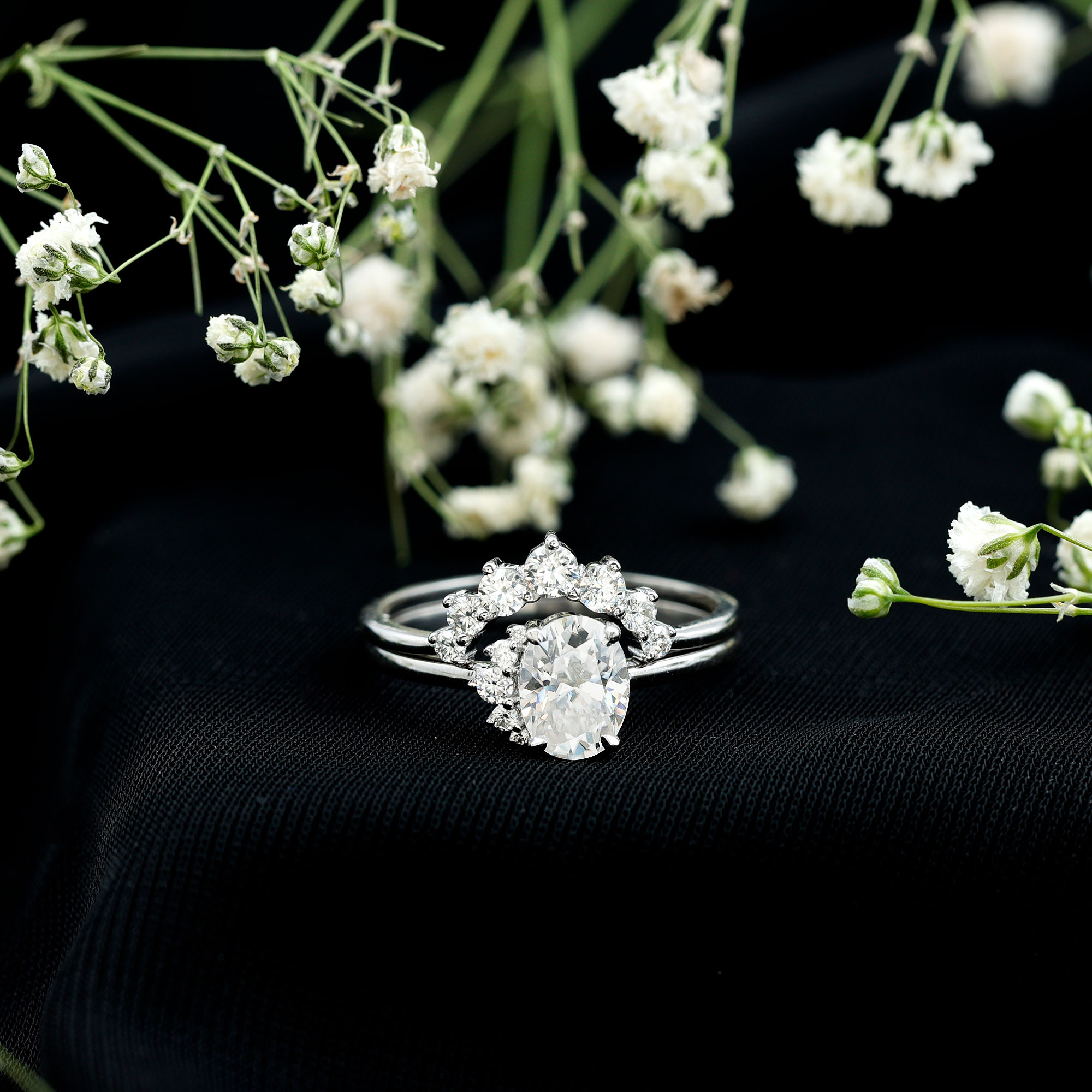 thumbnail video image 2 of Rosec Jewels Certified Moissanite Wedding Ring Set for Women - 1 Carat Oval Engagement Ring with Enhancer - D-VS1 Grade, 925 Sterling Silver, US 4.00, 2 of 9