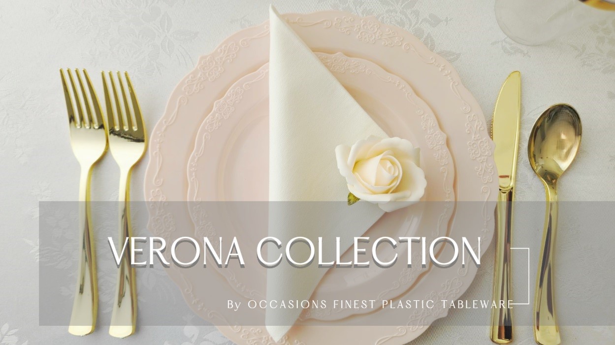 thumbnail video image 2 of " OCCASIONS " 150 Piece set (25 Guests)-Vintage Wedding Plastic Plates & cutlery -Disposable Dinnerware 10'', 7.5'' + Silverware w/double fork (Verona Blush / Antique Rose), 2 of 2