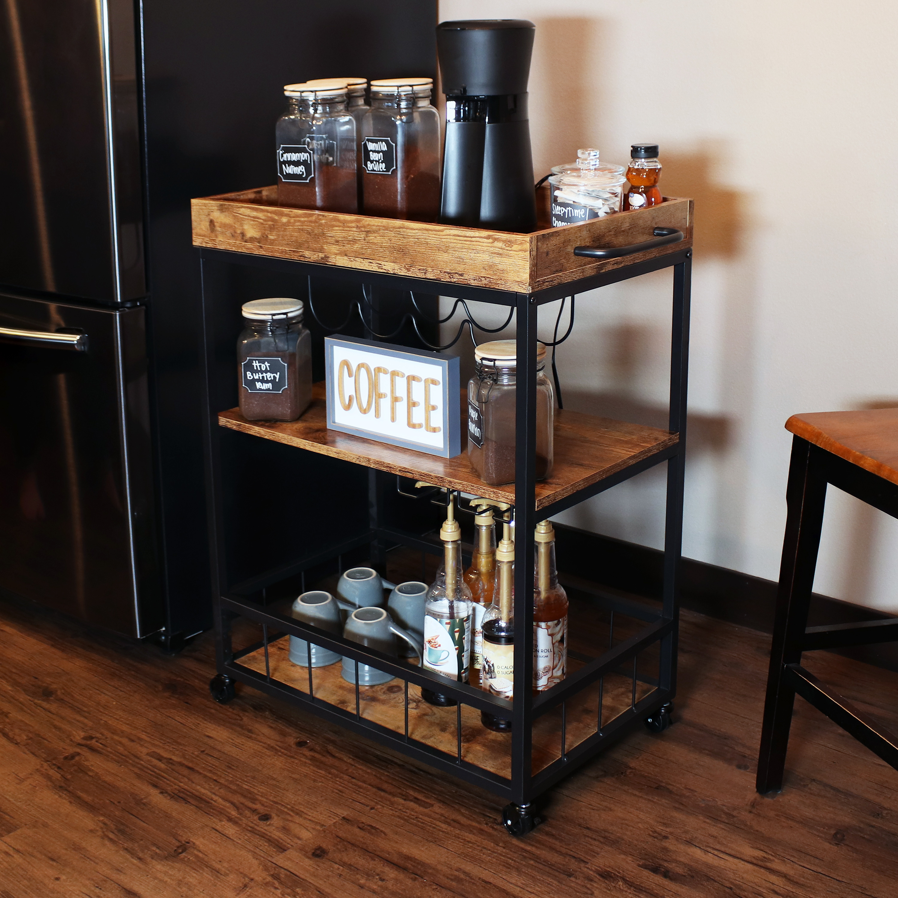 thumbnail video image 2 of Sunnydaze Industrial MDP Rolling Bar Cart with Wine Storage Rack, Brown, 2 of 9