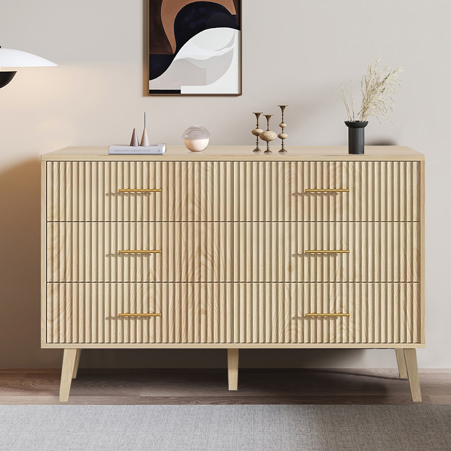 thumbnail video image 2 of Furtivusia 6 Drawers Double Dresser for Bedroom, Modern Chest of Drawer Storage Cabinet with Wood Legs for Living Room, Oak Color, 2 of 9