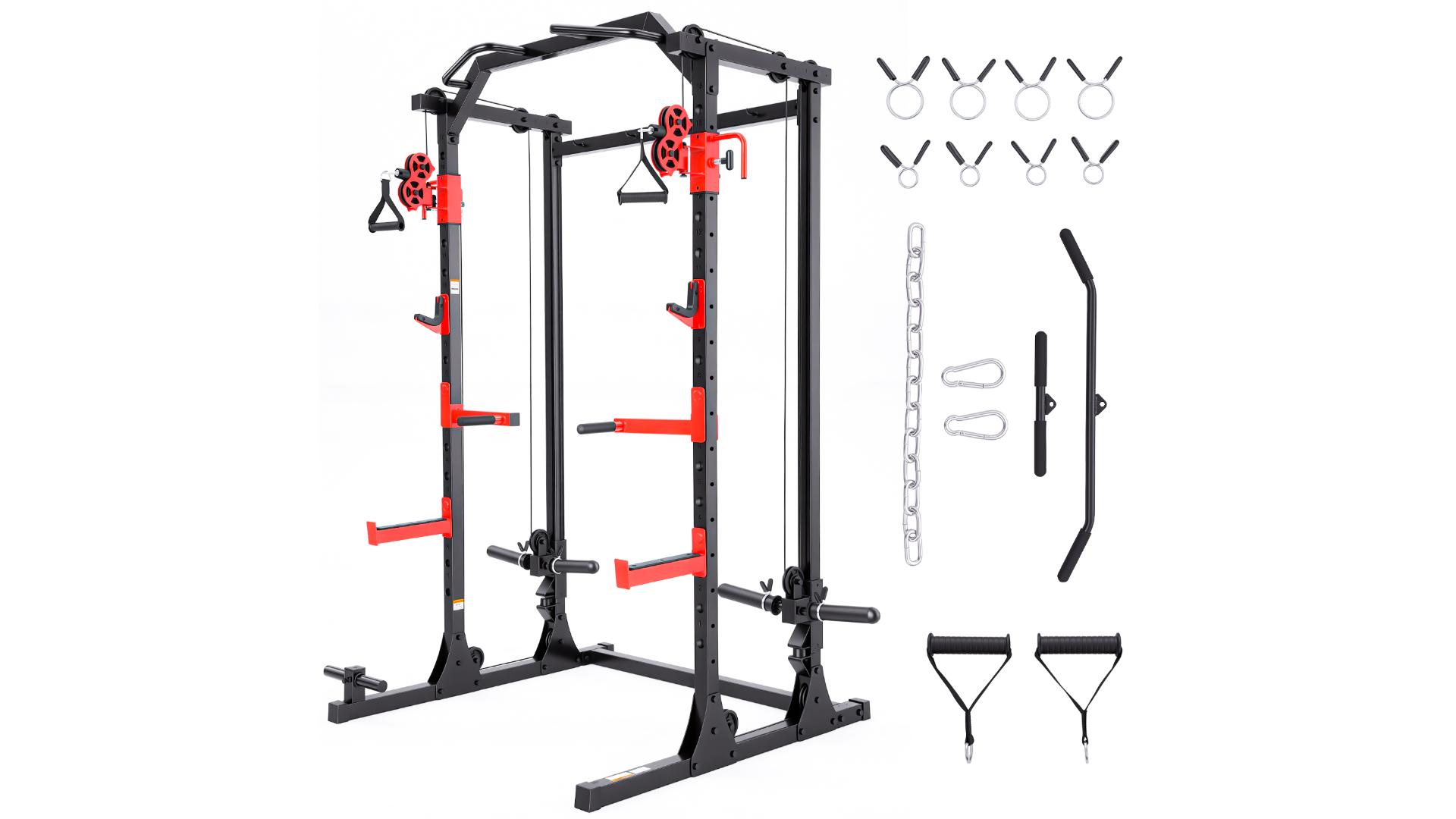thumbnail video image 2 of VIBESPARK Power Rack, 1500LBS Multifunction Power Cage with Dual Pulley Cable Crossover System, Squat Rack with More Training Attachments for Home Gym Full Body Strength Training, 2 of 8