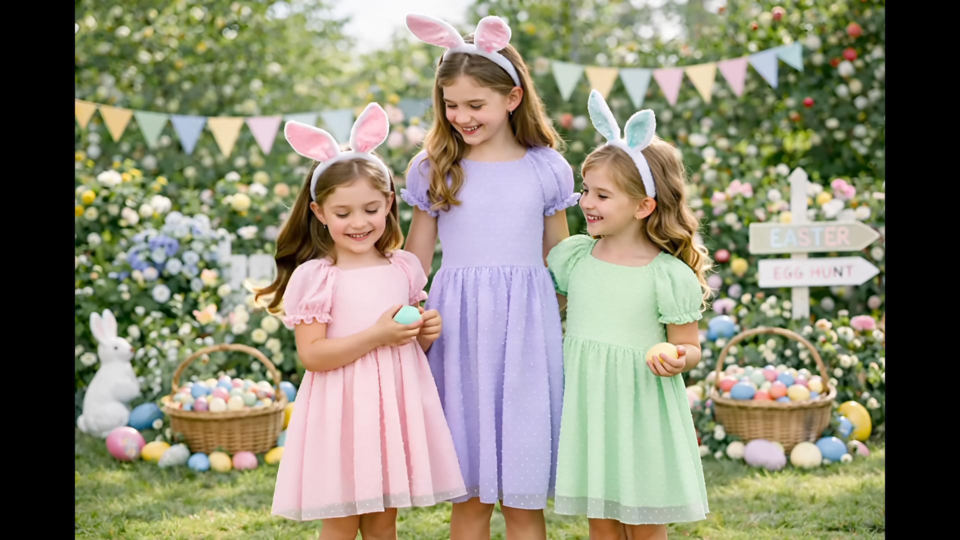 thumbnail video image 2 of HILEELANG Girls Mint Green Swiss Dot Puff Sleeve Polyester Dress 12-13Y Big Girls, 2 of 13