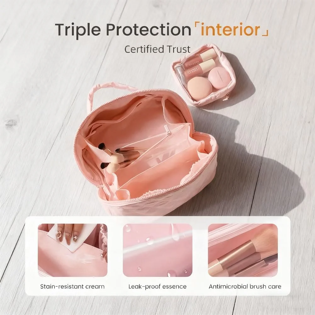thumbnail video image 2 of 2026 New Travel Makeup Bag,180° Lay Flat Travel Toiletry Bag Set, Large Capacity,Waterproof & Machine-Washable Puffy Toiletry Bag for Full-Size Skincare, 2 of 8