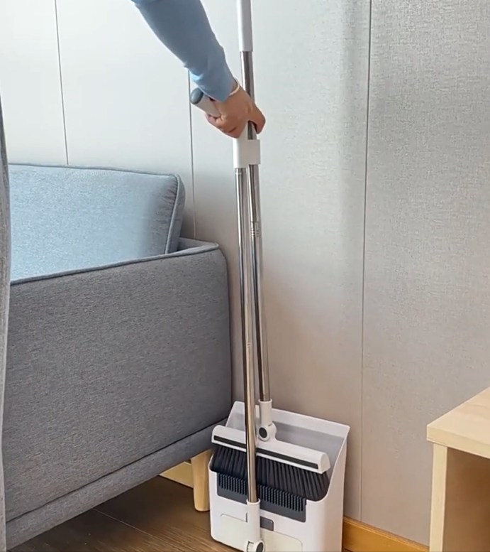 thumbnail video image 2 of SZZJKJ Broom with Dustpan Combo Set , Silicone Broom, Long Handle Broom Dustpan, Floor Scrub Brush -  Cleaning Broom 4 in 1 (White), 2 of 10