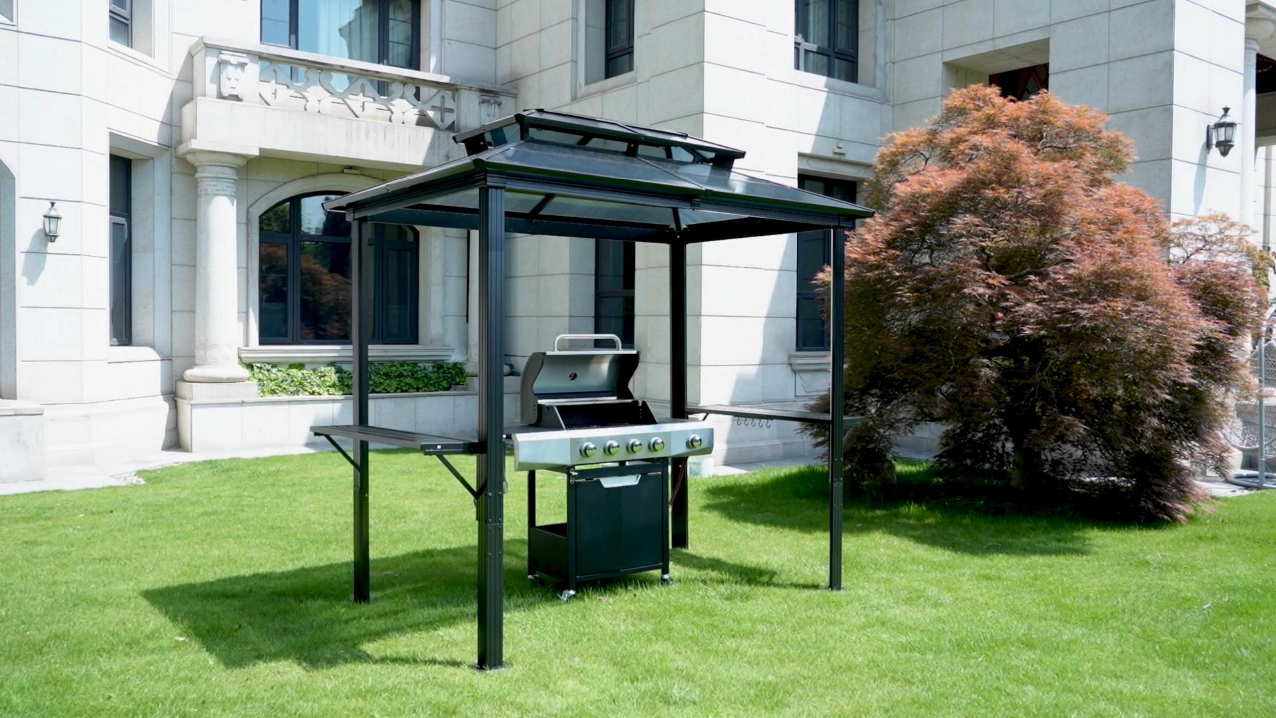thumbnail video image 2 of 5FT x 8FT Single Hardtop Iron-Roof Aluminum Frame BBQ Gazebo for Outdoor Cooking, 2 of 9