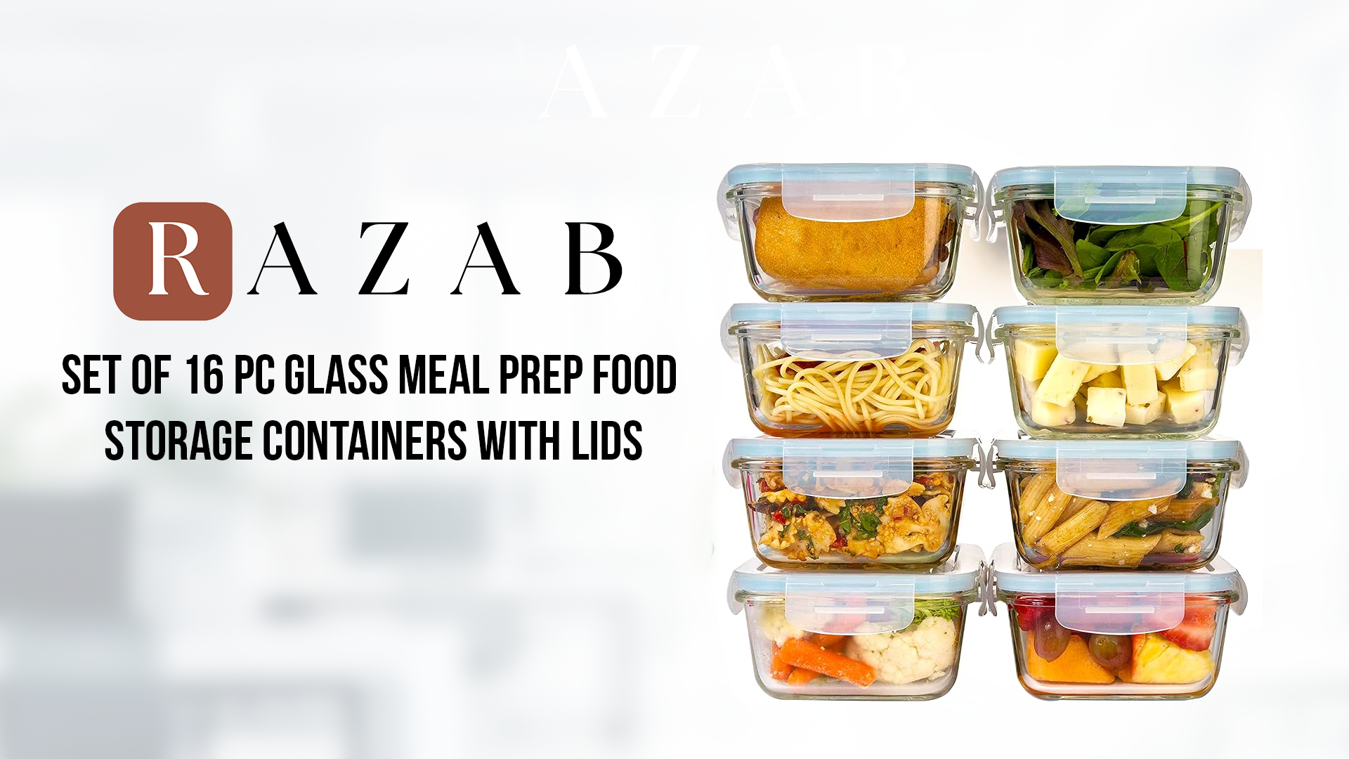 thumbnail video image 2 of Razab Glass Food Storage Containers with Lids 30 Oz 16 Pc (Set of 8) Airtight Large Reusable Leak Proof BPA Free Food Prep Containers Freezer to Oven Safe, 2 of 10