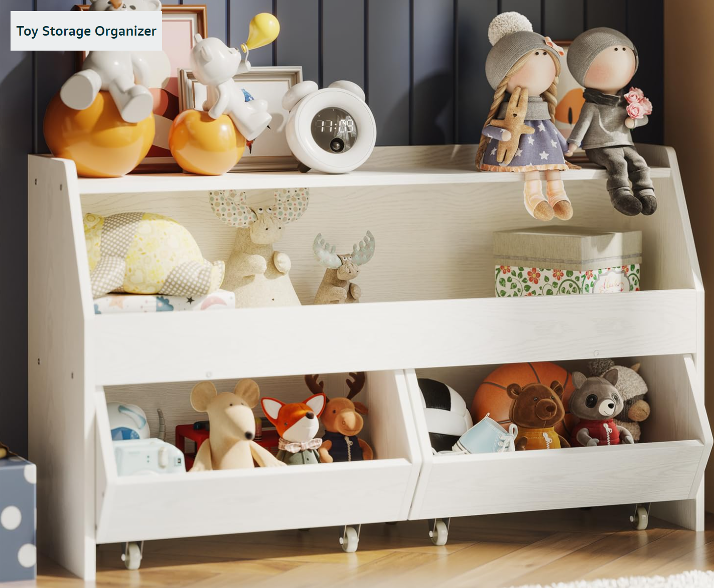 thumbnail video image 2 of DIYSET Kids Bookshelf & Toy Storage Organizer, Toy Shelf with Wheels Drawers, Kids Bookcase with Cubby Storage, Toy Box Cabinet for Playroom, Bedroom, Nursery, Living Room, White, 2 of 8