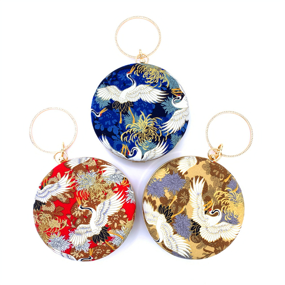 thumbnail video image 2 of Womens Evening Bag Clutch Purse Luxury Handbag Embroidery Wedding Bag Crane-Print Small Round Evening Bag,Gold, 2 of 10