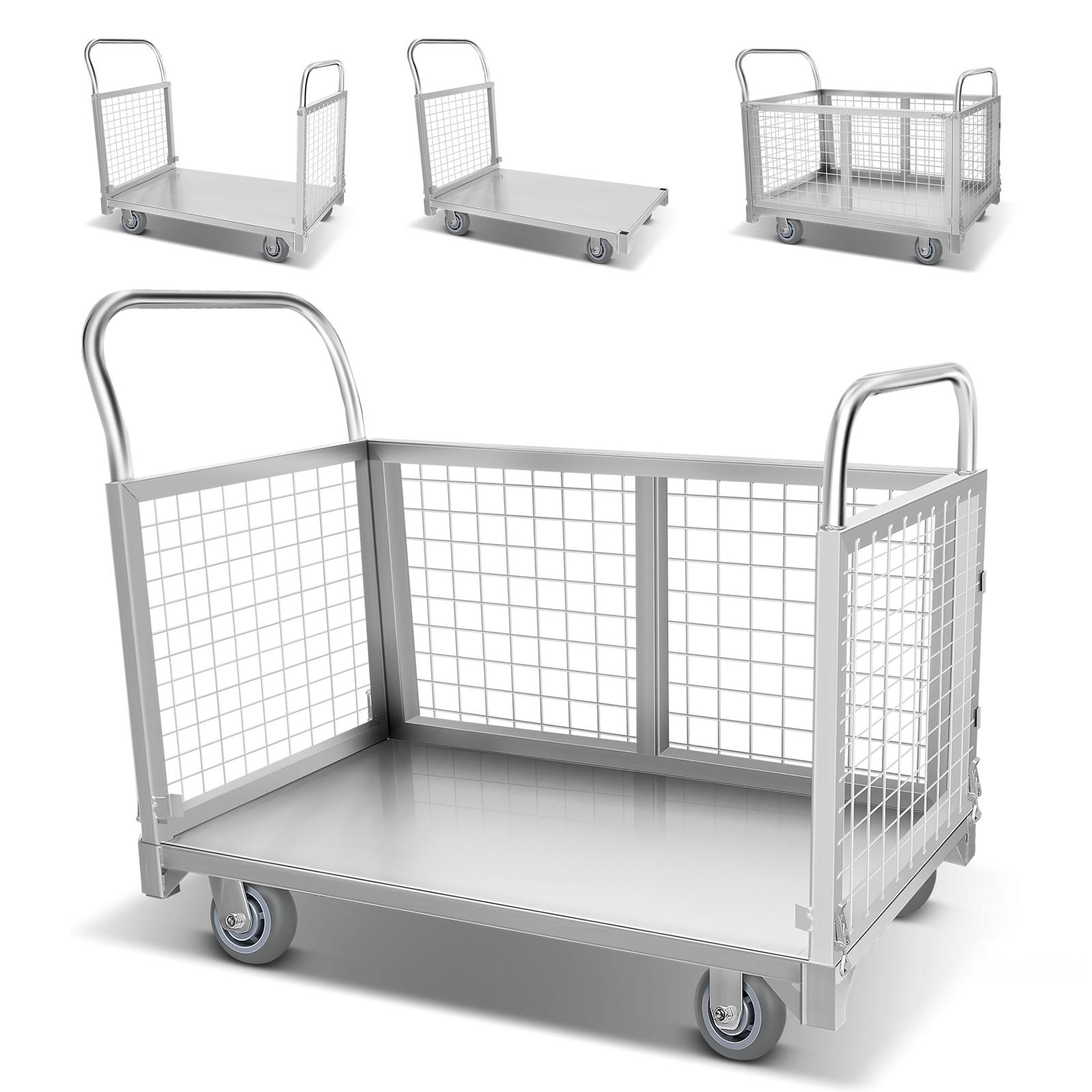 thumbnail video image 2 of KNPOT Platform Truck Cart with Cage, 2200lbs Capacity 2200lbs Capacity Basket Cart, 4 side rails Multi-Functional Push Dolly  for Grocery Laundry Stall Storage Silver​, 2 of 8