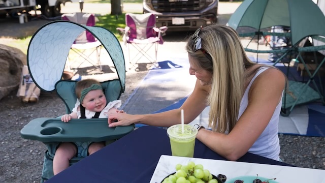 thumbnail video image 2 of Go With Me Uplift Deluxe Portable High Infant Chair, Teal & Grey, 2 of 11