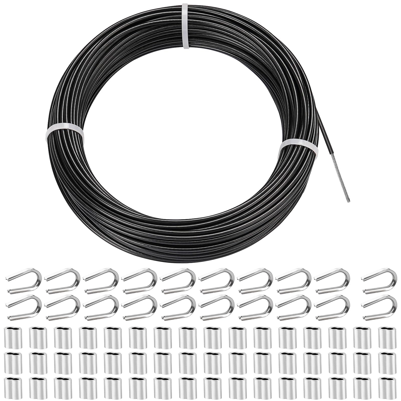 thumbnail video image 2 of Tootaci 1/8 Black Vinyl Coated Stainless Steel Cable, 100ft Wire Rope with Sleeve and Thimble, for String Light, Shade Sail, Clothesline, Curtain, 2 of 7