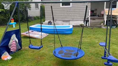 thumbnail video image 2 of 5 in 1 Outdoor Metal Swing Set with Seesaw Swing, Playground Swing Sets with Heavy-Duty A-Frame Metal Outdoor Stand, Swing n' Slide Playset for Kids with Basketball Hoop, 2 of 10