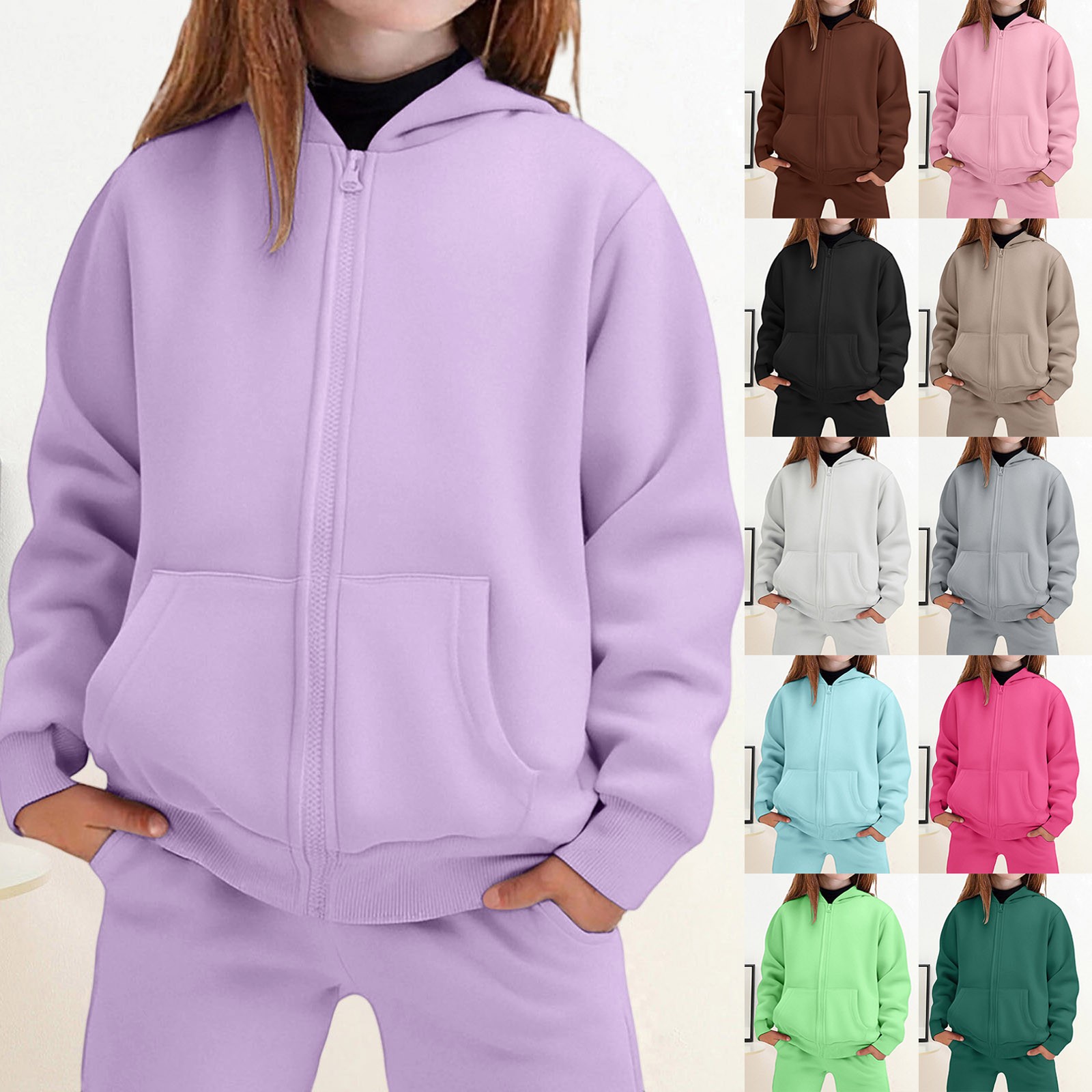 thumbnail video image 2 of Girls Sweatsuit Set 2 Piece Outfits Girls Sweatsuit 4T Zipper Hooded Sweatshirt Wide Leg Sweatpants Kids Clothes with Pockets(Size 9-10 Years,fg2-Light Pink), 2 of 4