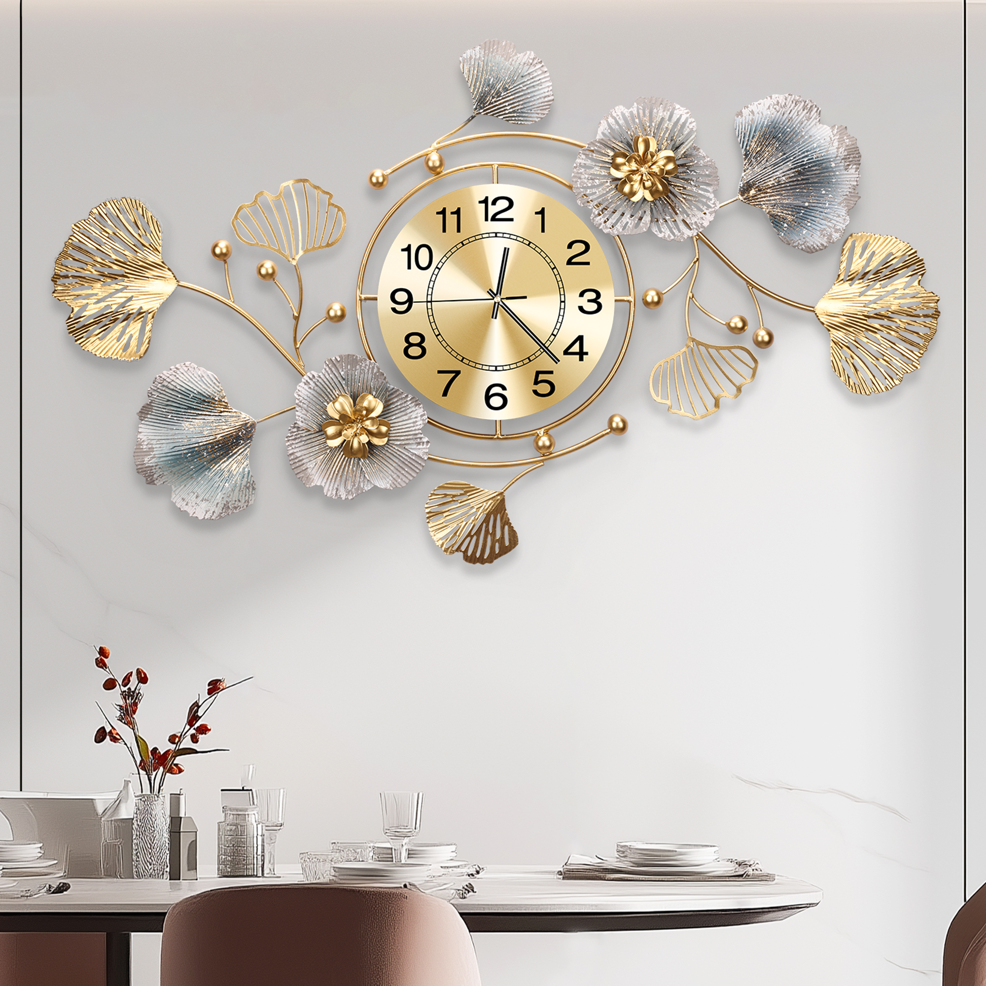 thumbnail video image 2 of 33"Large Wall Clock – 3D Metal Ginkgo Leaf Decorative Wall Clock, Non-Ticking Wall Clocks Battery Operated, Modern Clocks for Living Room, Gift-Ready for Home or Office, 2 of 8