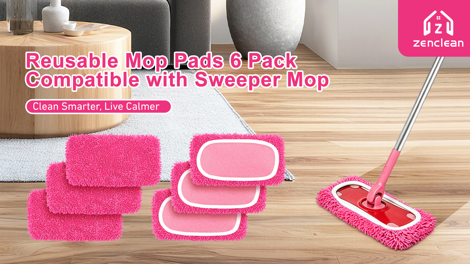 thumbnail video image 2 of ZenClean Reusable Microfiber Mop Pads 6 Pack Compatible with SwifferSweeper Mop for Wet & Dry Floor Cleaning (Pink), 2 of 8