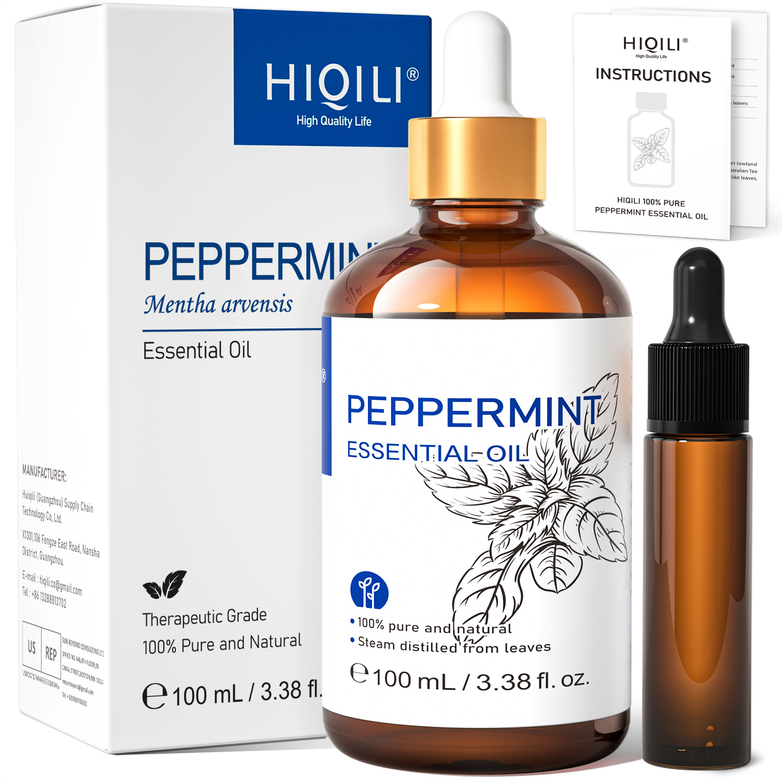 thumbnail video image 2 of HIQILI Peppermint Essential Oil, 100mL for Diffuser Skin Hair Massage&Muscle Wellness Care, 2 of 9