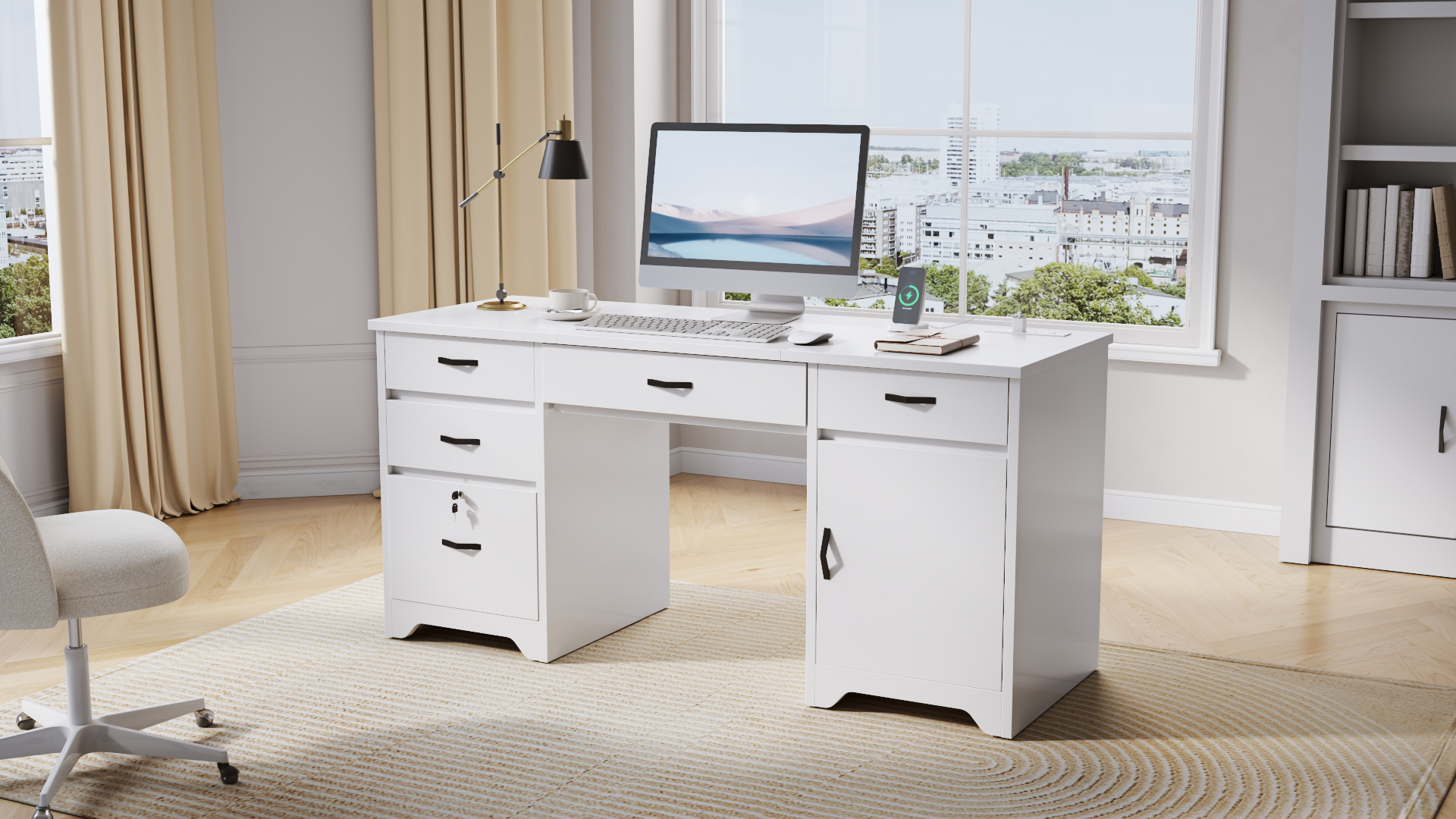 thumbnail video image 2 of Bestier Computer Desk with 5 Drawers, 59'' Office Desk with Storage, Modern Executive Desk with File Drawers and Storage Cabinets, Charging station, Keyboard Tray, Suitable for Study& Bedrooms White, 2 of 10