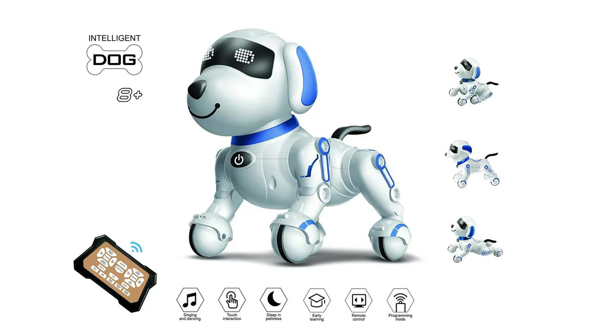 thumbnail video image 2 of Dammyty Robot Dog for Kids, Smart Programmable Remote Control Robot Dog Toy with Interactive Touch, Singing Dancing Robot Toys with LED Eyes, Volume Control, 2 of 10