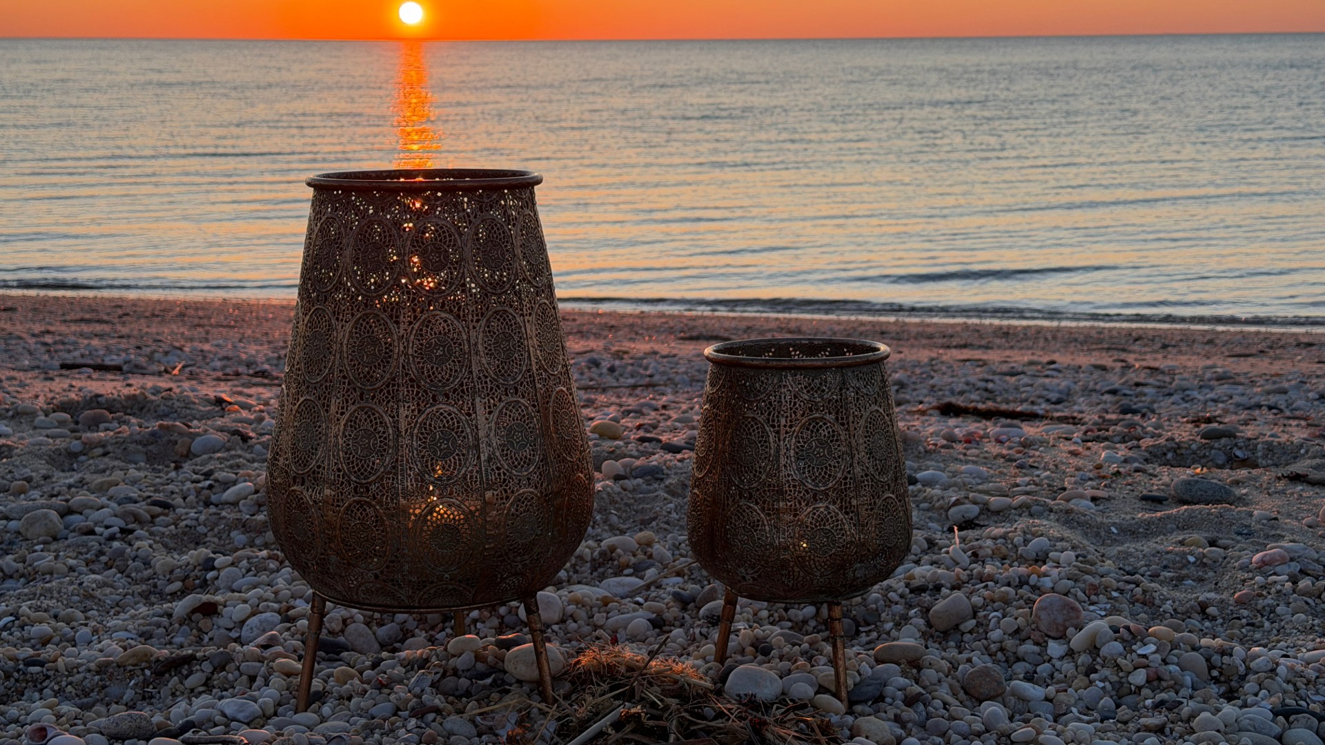 thumbnail video image 2 of Potbelly Candle Lanterns, Set of 2, Moroccan, Metal Daisy Lattice Work, Hurricane for Votives and Tea Lights, Distressed Gold, Rustic Patina, Iron, 18.5 and 11.75 Inches Tall, 2 of 10