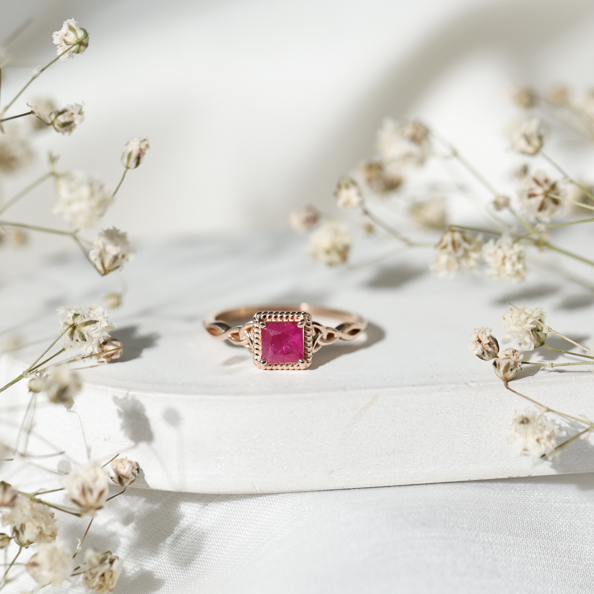 thumbnail video image 2 of Rosec Jewels Real Ruby Promise Ring for Women (5 mm) - Celtic Knot Ring - AAA Grade July Birthstone - Ready to Gift for Valentines, 18K Yellow Gold, US 7.50, 2 of 9