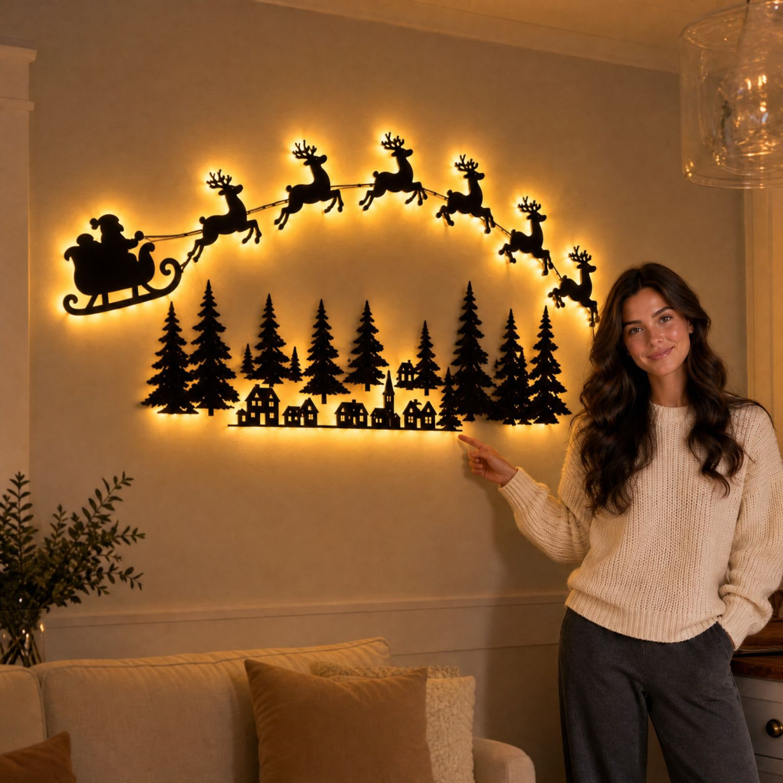 thumbnail video image 2 of WYBXZ Illuminated Wooden Reindeer Sleigh Wall Decor, with Warm LED Backlight and Remote Control for for Festive Home Decoration 59.06 in, 2 of 10