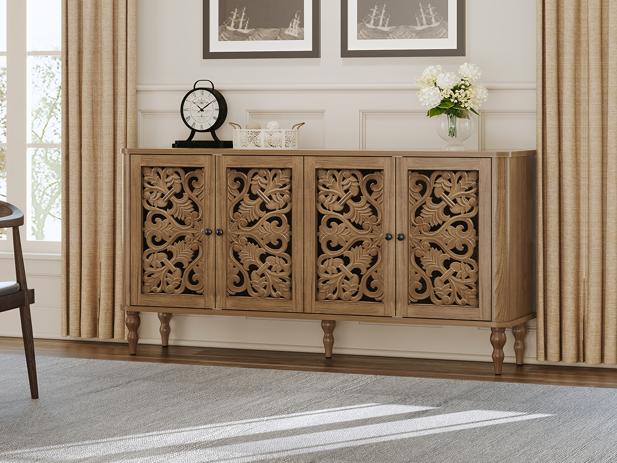 thumbnail video image 2 of HLR 63"W Mid Century Accent Cabinets, Sideboards Buffets Cabinet with 4 Doors Storage for Dining Room, Green, 2 of 9
