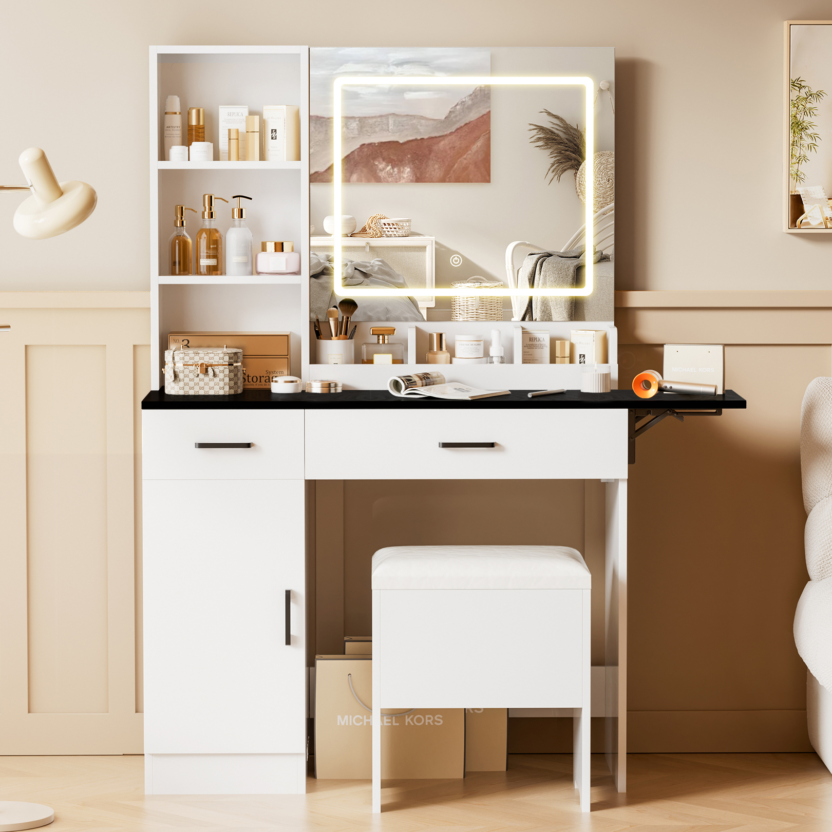 thumbnail video image 2 of Esmlada Vanity with Mirror and Lights, Makeup Vanity Table with Charging Station, Makeup Table Set with RGB Cabinets and 3 LED Light Modes White, 2 of 8