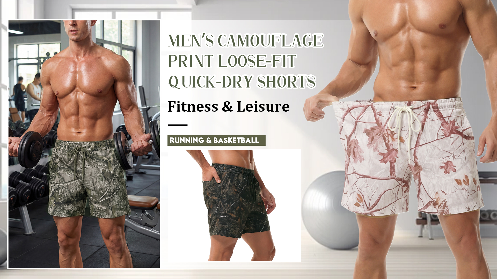 thumbnail video image 2 of FEOYA Casual Running Shorts Men's Camo Athletic Shorts Male Camouflage Gym Short Breathable Tennis Activewear Workout Short Elastic Waist Drawstring Cool Streetwear with Pockets L Black, 2 of 7