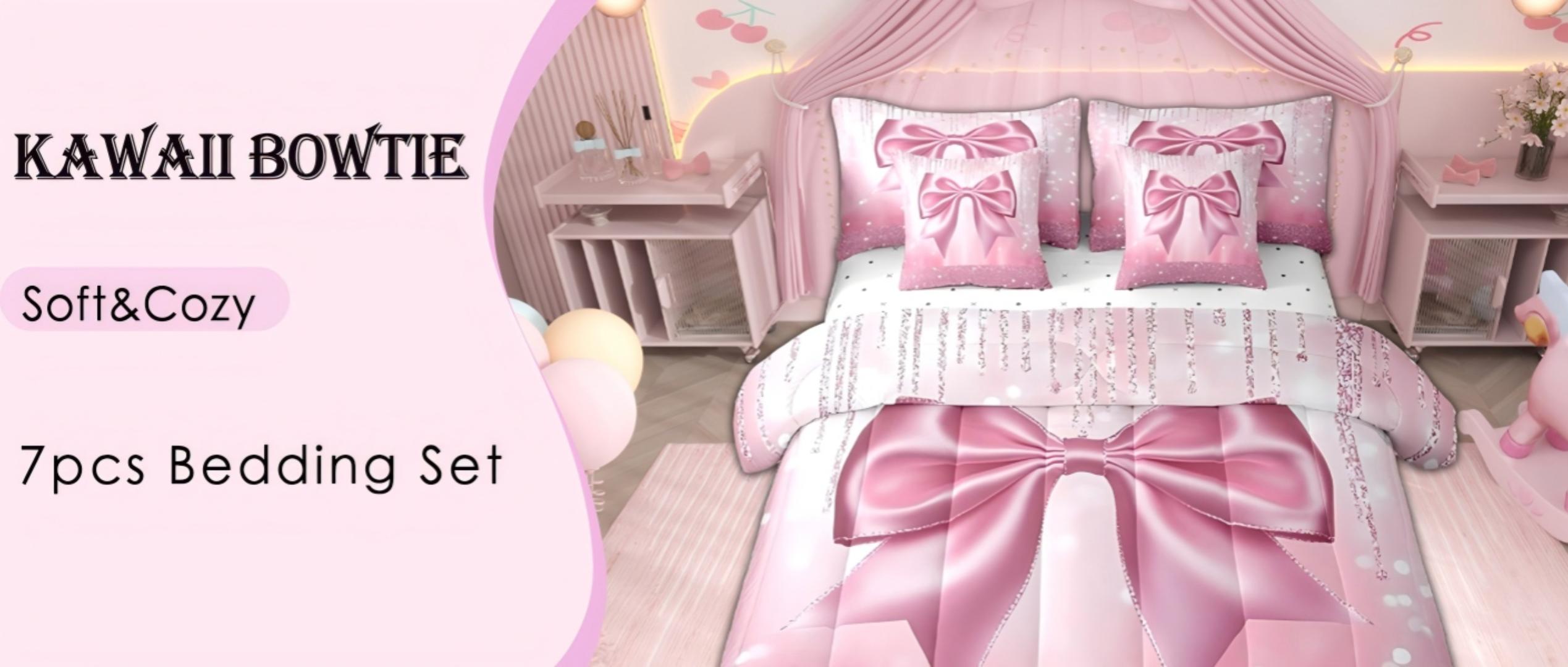 thumbnail video image 2 of Manfei Cartoon Bowtie Twin Bedding Sets 7-Piece,Princess Bow Bowknot Bedding Comforter Set,Pink Glitter Print Sheet Sets For Girl,Microfiber Room Decor,Reversible, 2 of 8
