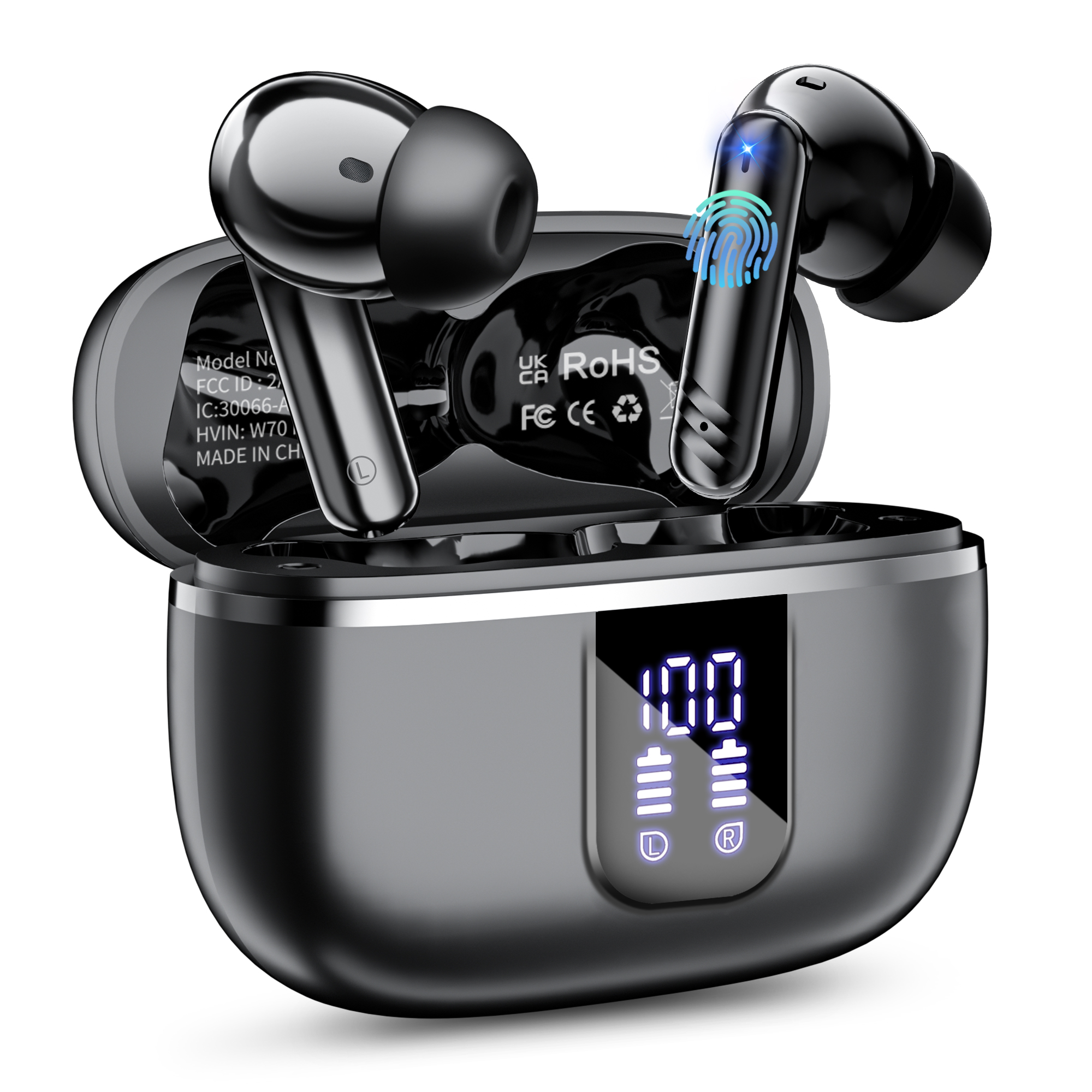 thumbnail video image 2 of Wireless Bluetooth Earbuds, Noise Cancelling Headphones with Deep Bass Stereo, 38H Playtime, LED Display, Waterproof in Ear Buds Earphone with Mic for iPhone Android Sports Workout, Black, 2 of 7