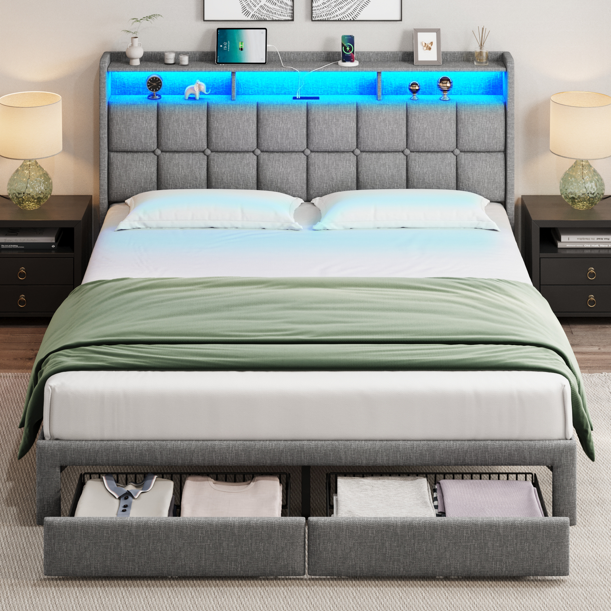 thumbnail video image 2 of LoLado LED Queen Size Bed Frame with 2 Storage Drawers, Upholstered Bed Frame and Headboard with Charging Station, No Box Spring Needed, Easy Assembly, Dark Gray, 2 of 11