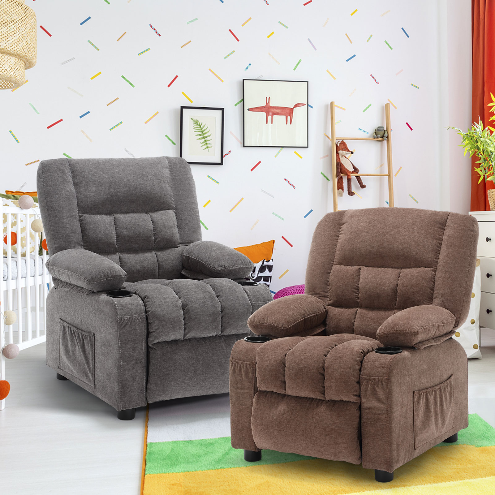 thumbnail video image 2 of JONPONY Kids Recliner Chair,Push Back Toddler Recliner with Cup Holders & Side Pockets,Adjustable Footrest & Headrest Kids Sofa for Boys Girls 3+ Age Group, Grey, 2 of 12