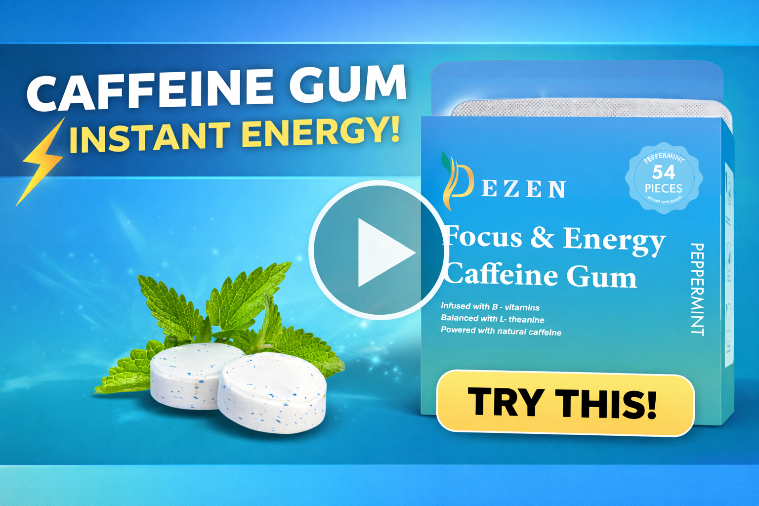 thumbnail video image 2 of DEZEN Energy Caffeine Gum 54 Pcs – Peppermint Flavor | L-Theanine, Caffeine with Vitamin B12 & B6 | Coffee Replacement, 2 of 8