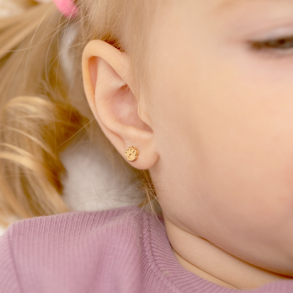thumbnail video image 2 of 14k Gold Dog Paw Baby / Toddler / Kids Earrings Safety Screw Back, 2 of 6