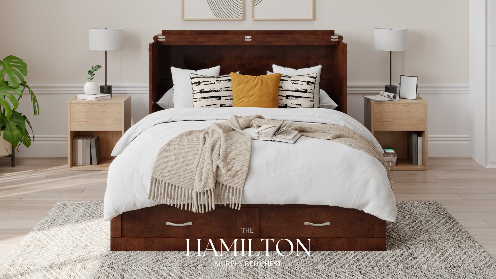 thumbnail video image 2 of AFI Hamilton Queen Solid Wood Murphy Bed Chest with 6" Mattress, Drawer & Charger, Walnut, 2 of 21