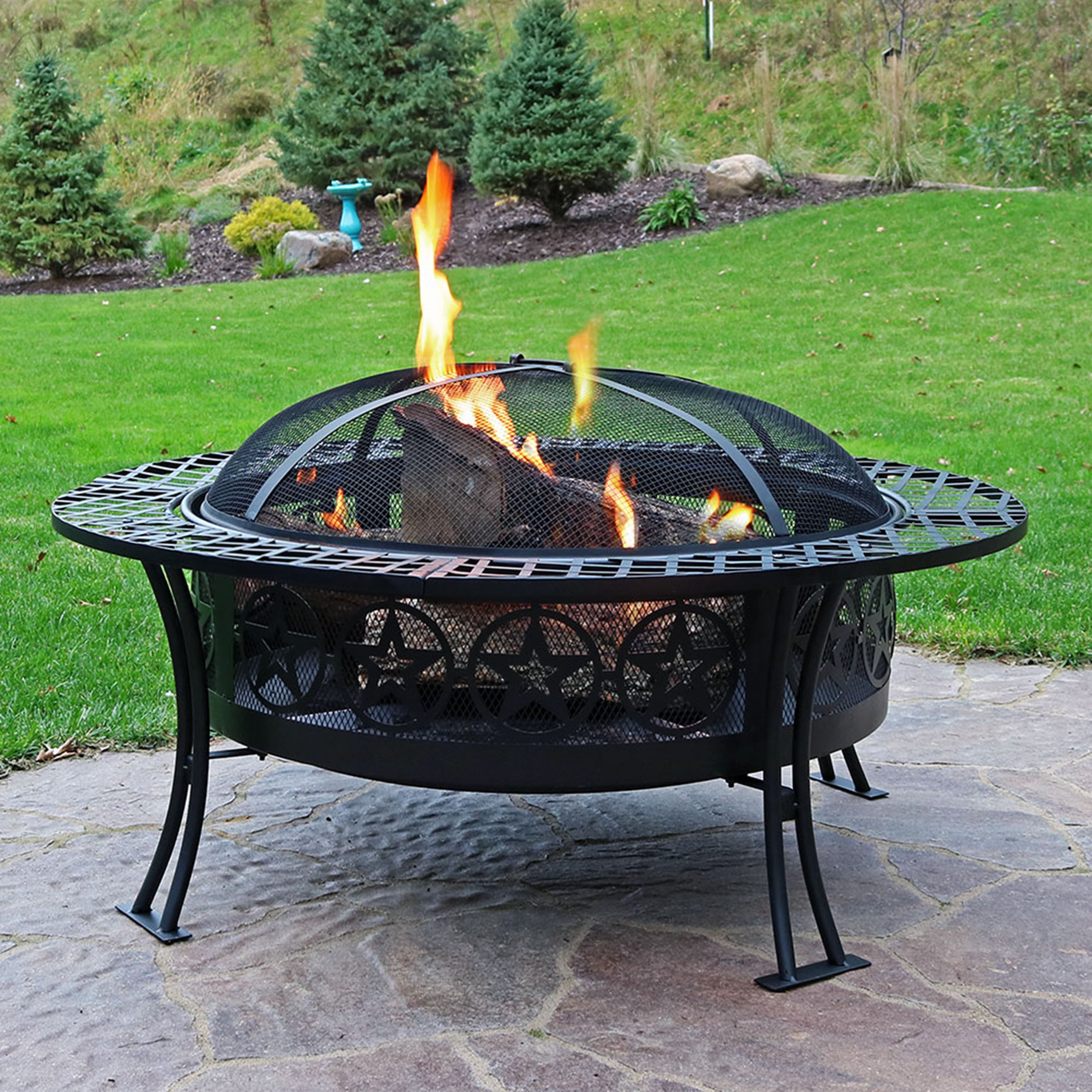 thumbnail video image 2 of Sunnydaze Four Star 40" Round Wood-Burning Black Finish Steel Fire Pit Table with Screen, 2 of 8