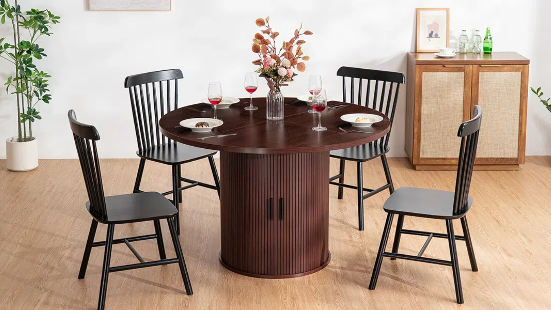 thumbnail video image 2 of Hommpa 48" Round Dining Table with Storage,Morden Kitchen Table Wood for 4 with 2-Layer Storage Shelves and Wood Slide Door for Kitchen Living Room,Heavy Duty Pedestal Base,Black, 2 of 13