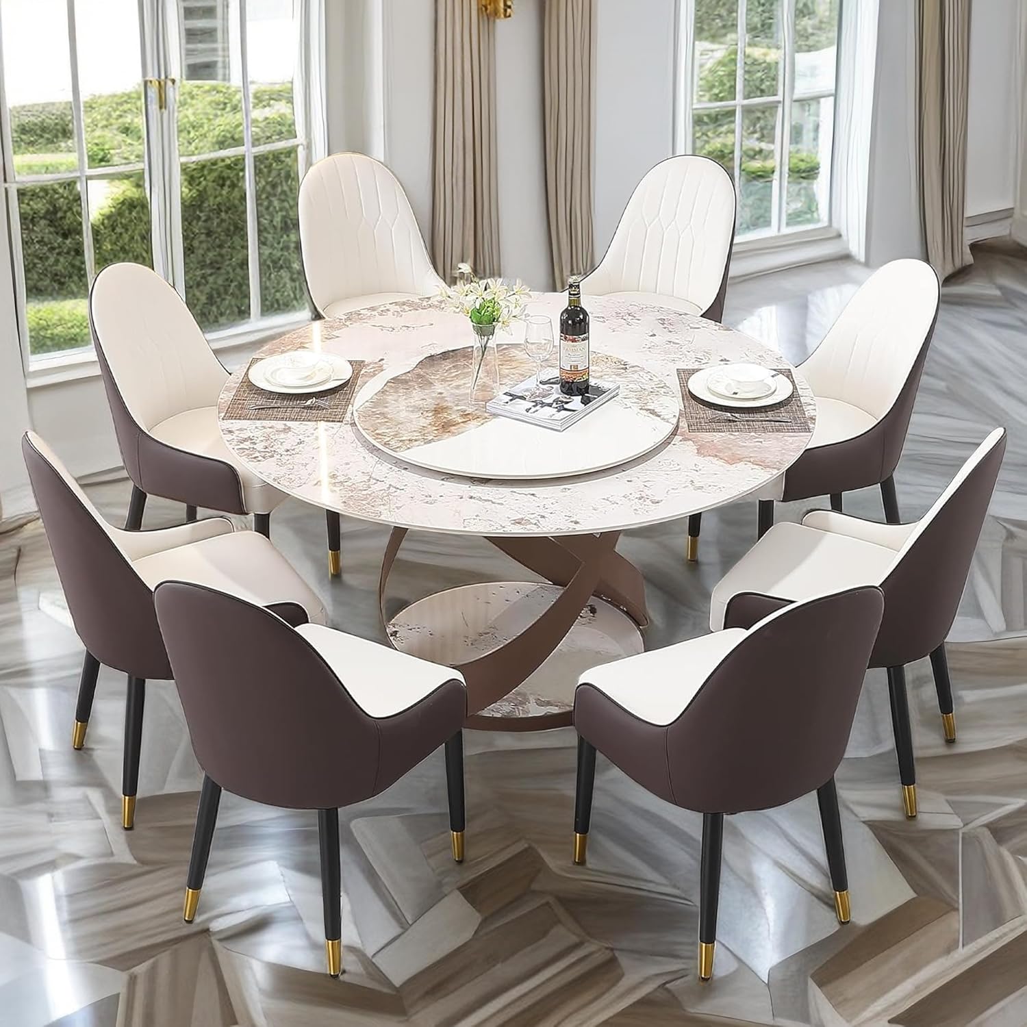 thumbnail video image 2 of 59" Round Sintered Stone Dining Set w/ Lazy Susan & 8 Chairs | Carbon Steel Base & Marble Design | 9-PC for Home/Kitchen, 2 of 8