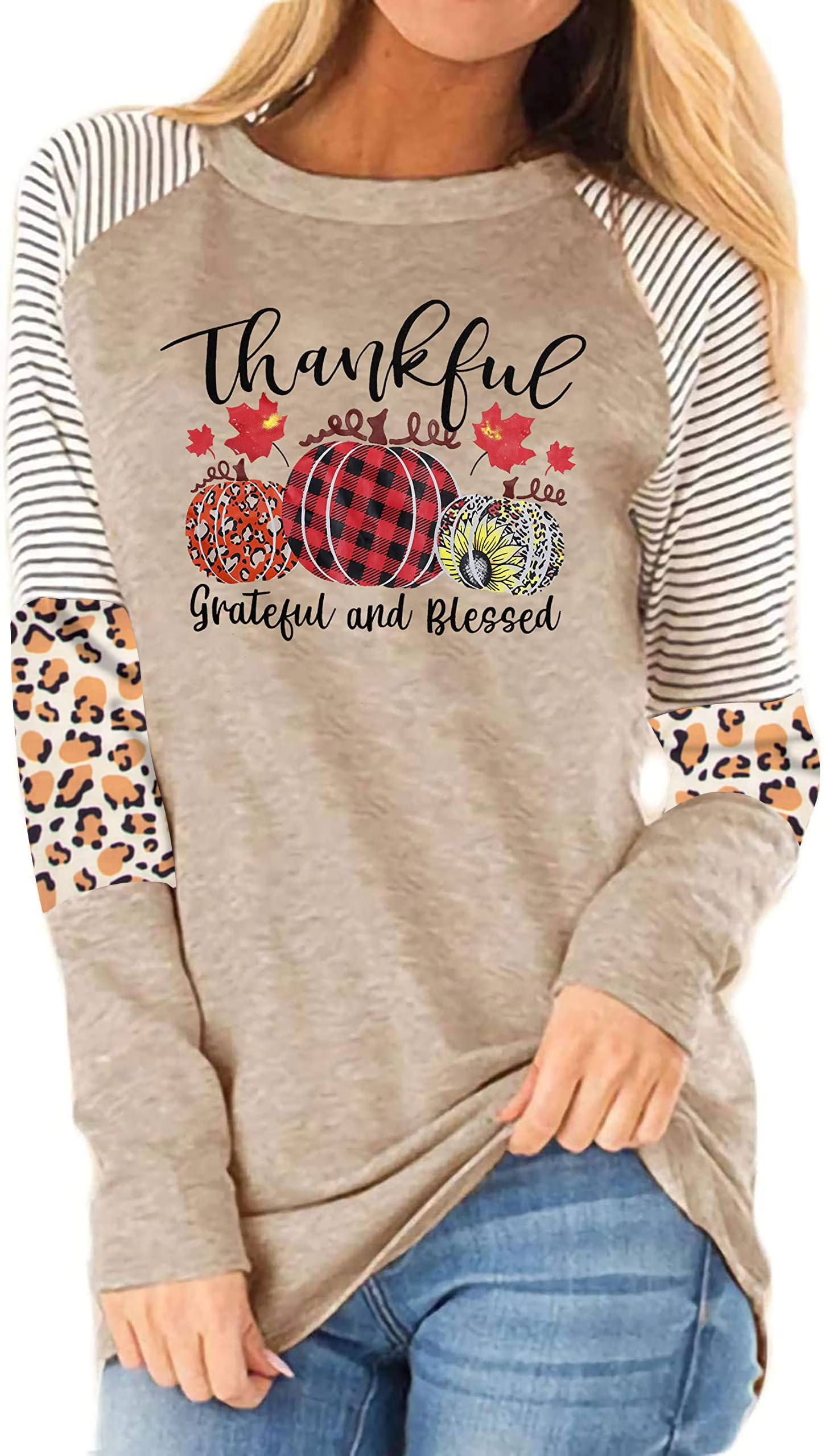 thumbnail video image 2 of KimSoong Thanksgiving Shirts Thankful Grateful Blessed Shirt Women Pumpkin Long Sleeve Raglan Tops Plaid Graphic Fall Tee, 2 of 9